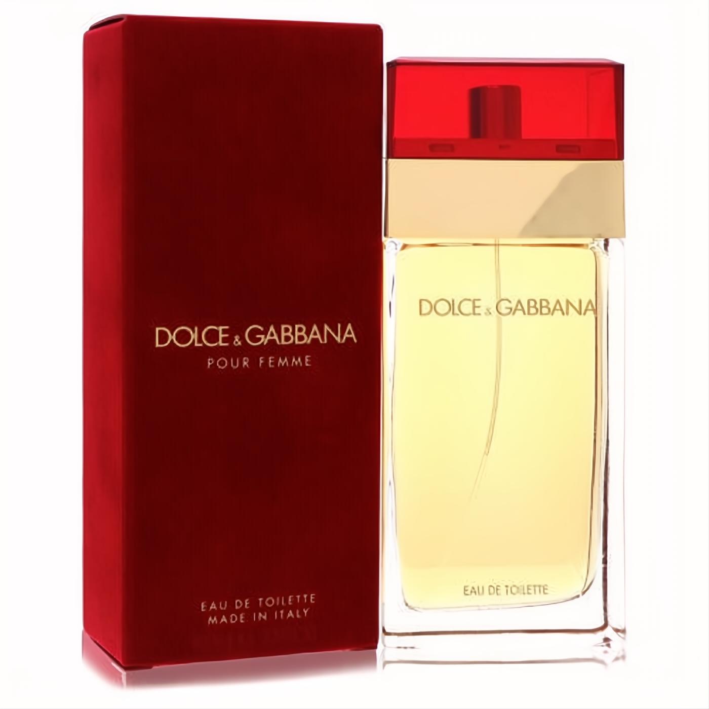 Iconic Dolce & Gabbana Pour Femme 3.3 oz EDT spray in a luxurious red box and elegant clear bottle with golden liquid and red cap.