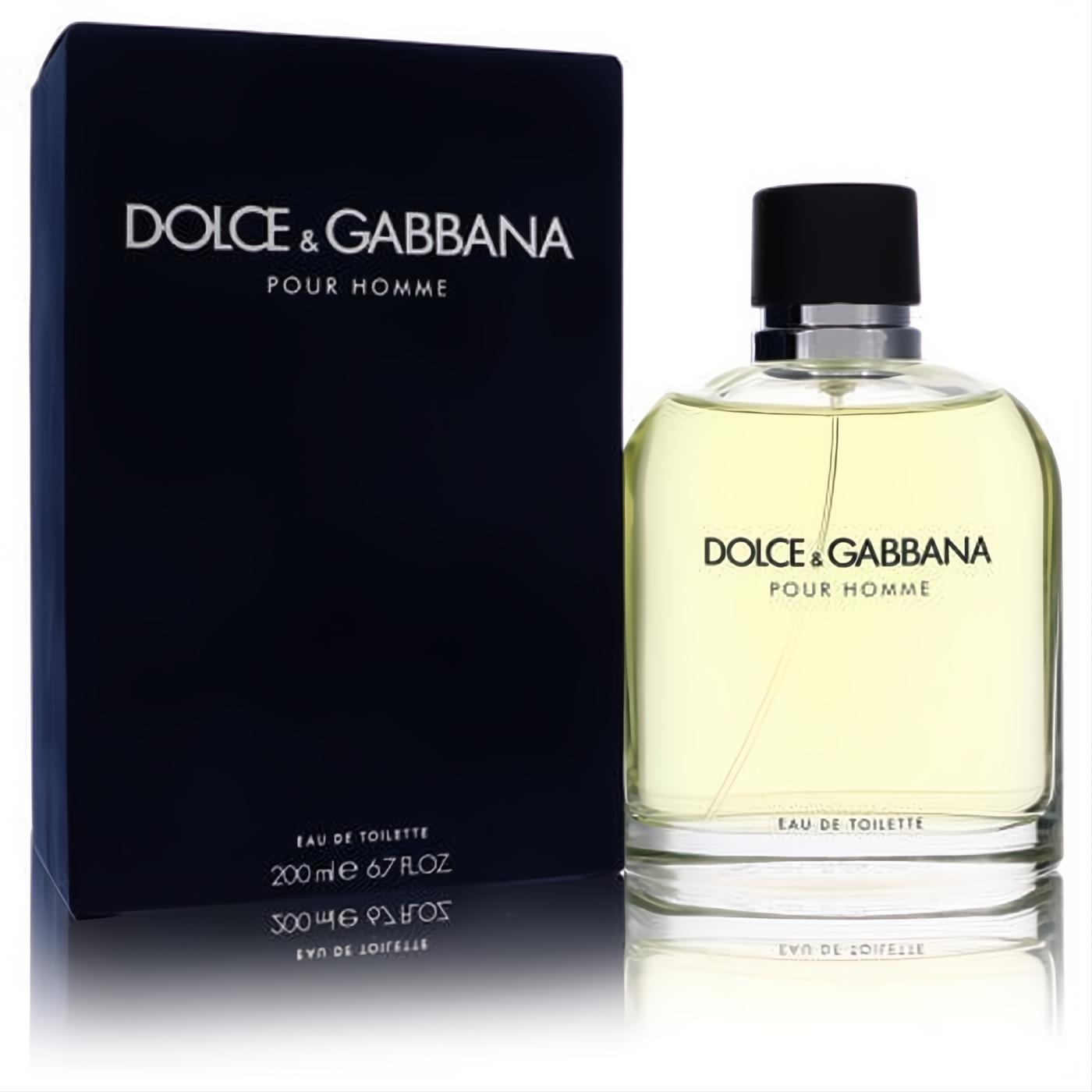 Dolce & Gabbana Pour Homme Eau De Toilette 6.7 oz spray. Iconic clear bottle with black cap and elegant dark blue box.