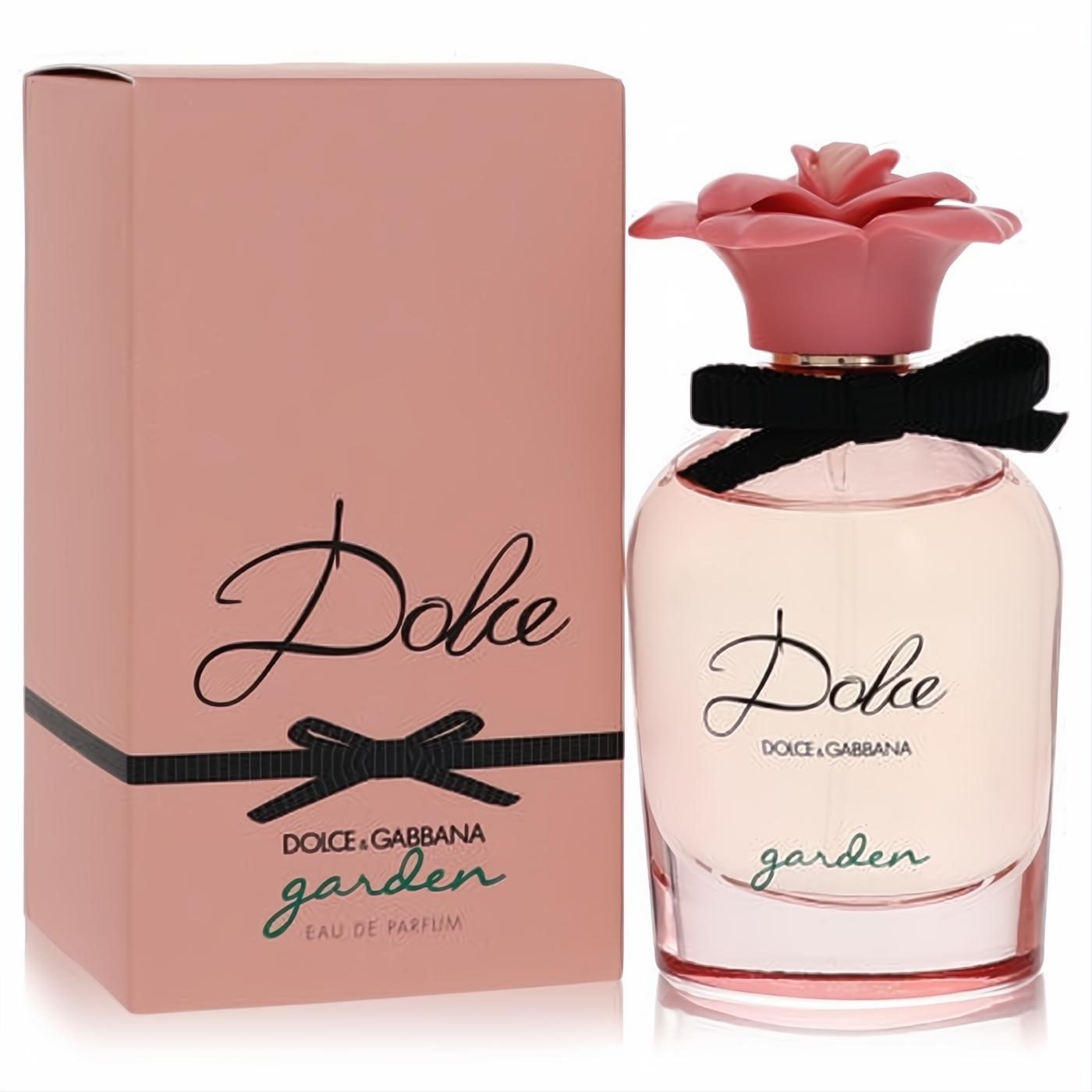 Dolce Garden by D&G 1.6 oz EDP spray. Elegant clear glass bottle with a pink floral cap, black ribbon, and matching pink box.