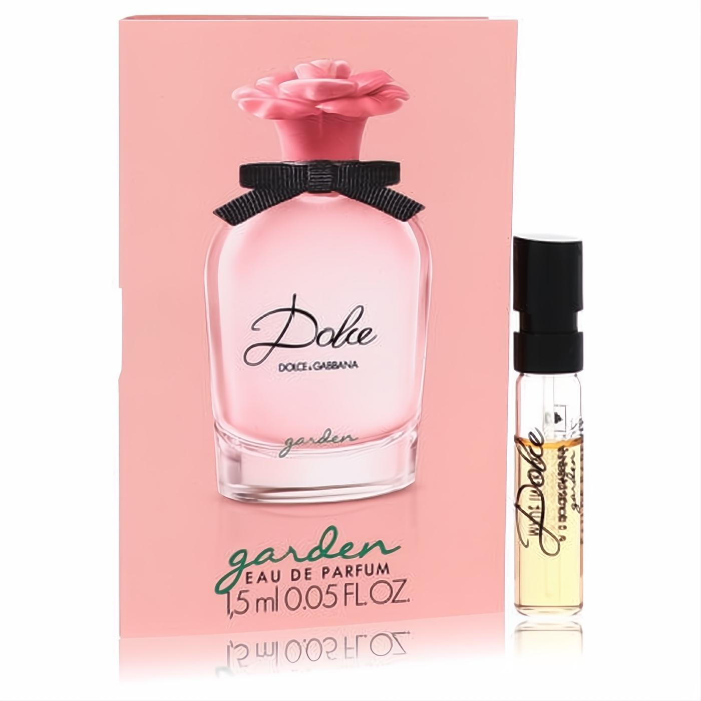 Discover Dolce Garden! 0.05 oz women's perfume sample vial with golden liquid, beside its elegant pink branded box.