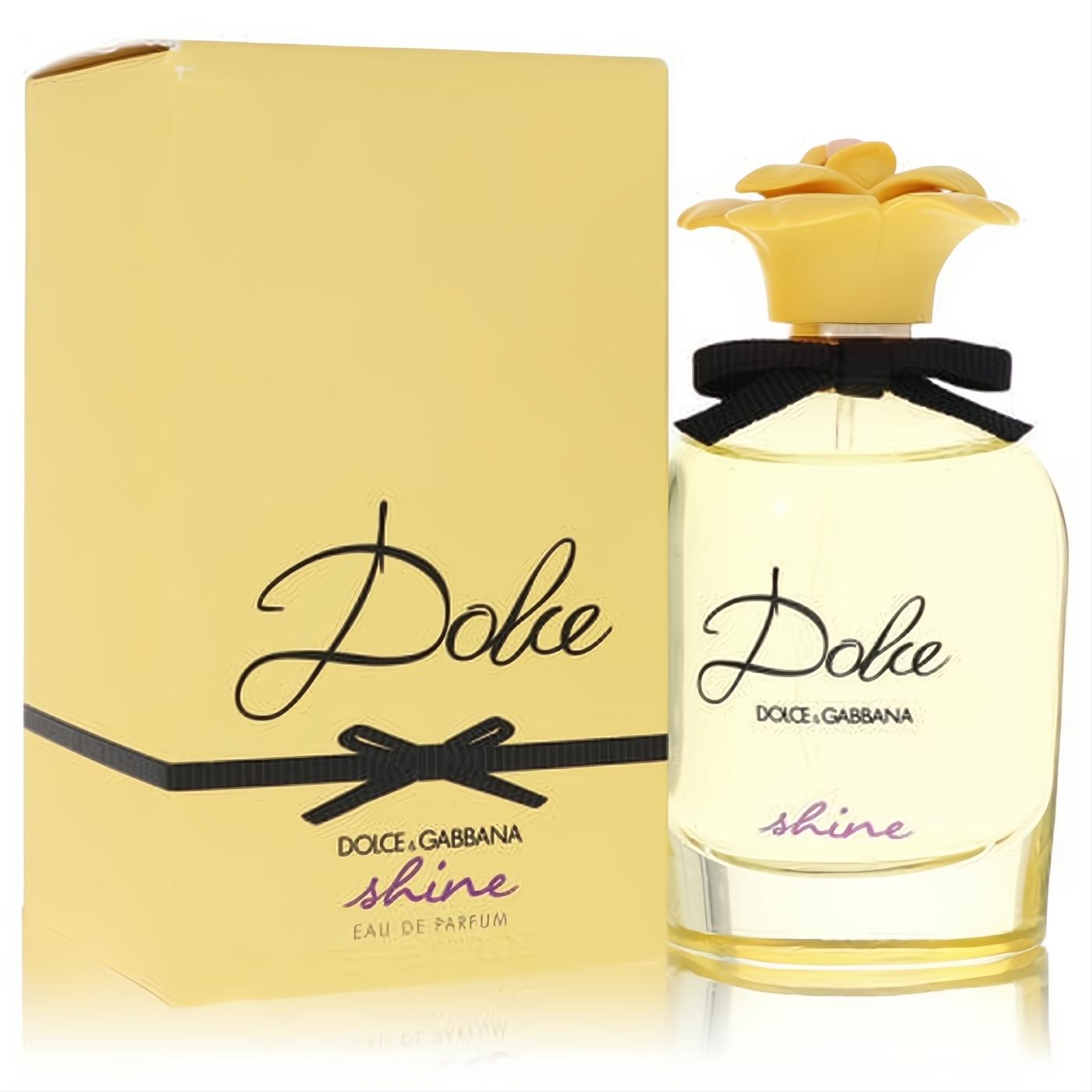 Dolce Shine by Dolce & Gabbana 2.5 oz EDP. Radiant yellow bottle with a delicate flower cap, black bow, and matching sunny box.