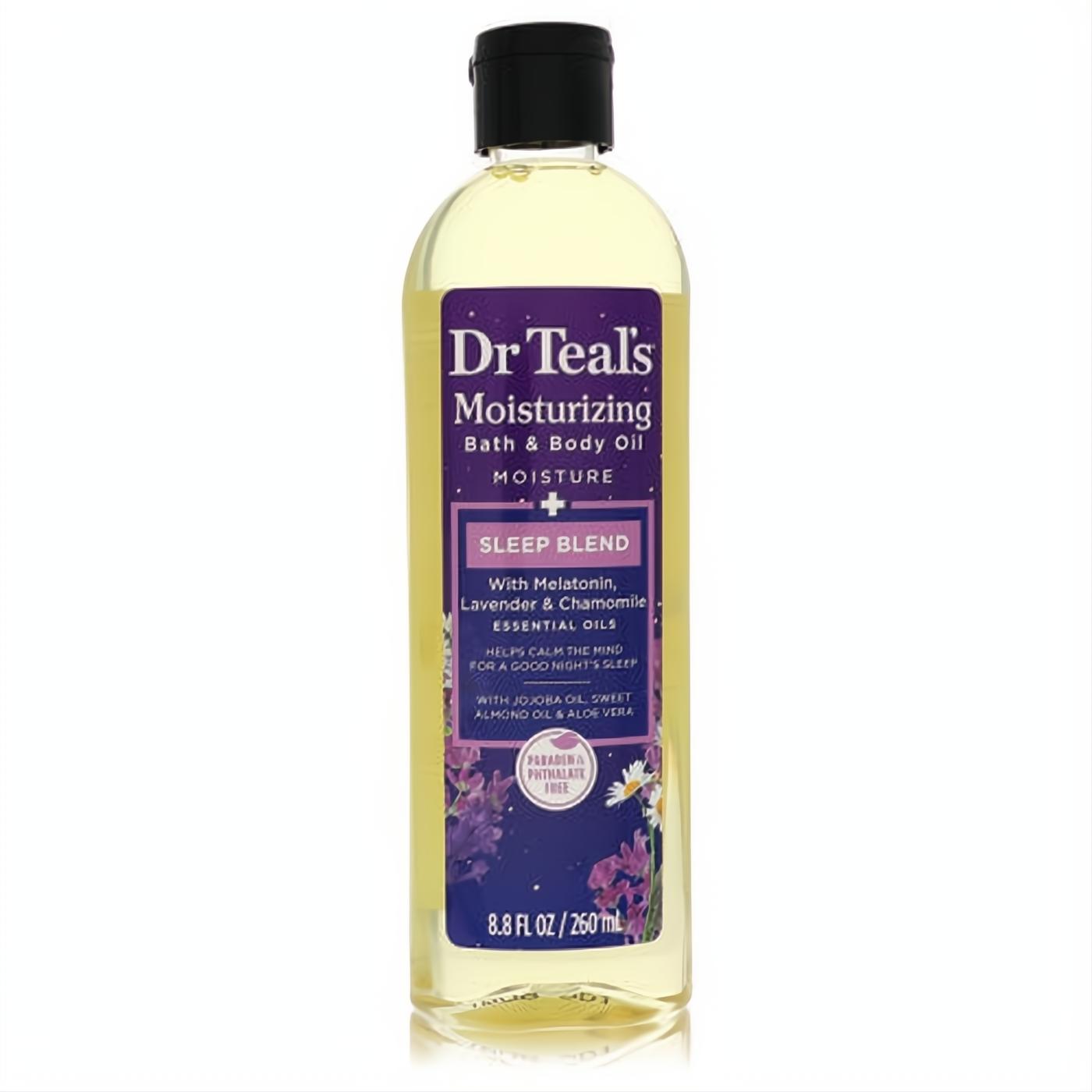 Dr Teal's Sleep Blend Moisturizing Bath & Body Oil, 8.8 oz clear bottle with a calming purple lavender & chamomile label.