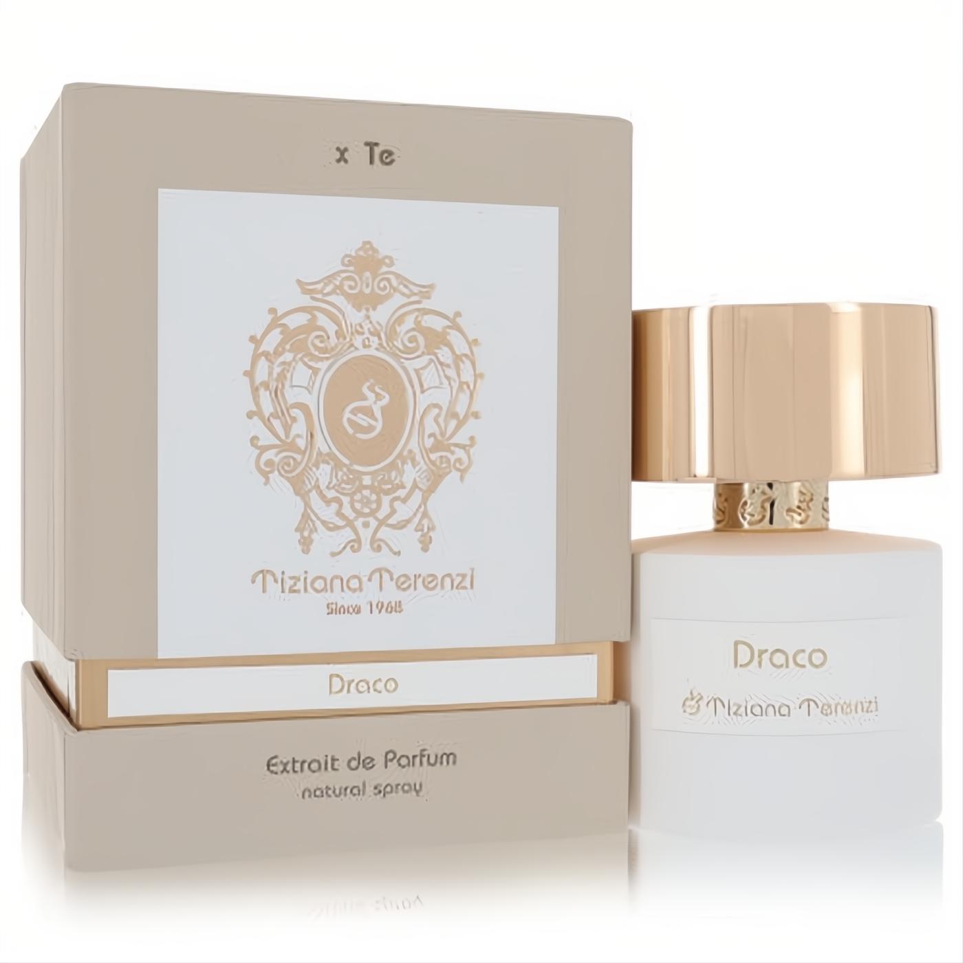 Discover Tiziana Terenzi Draco Extrait De Parfum: a white bottle with an ornate gold cap, presented in an elegant beige box.