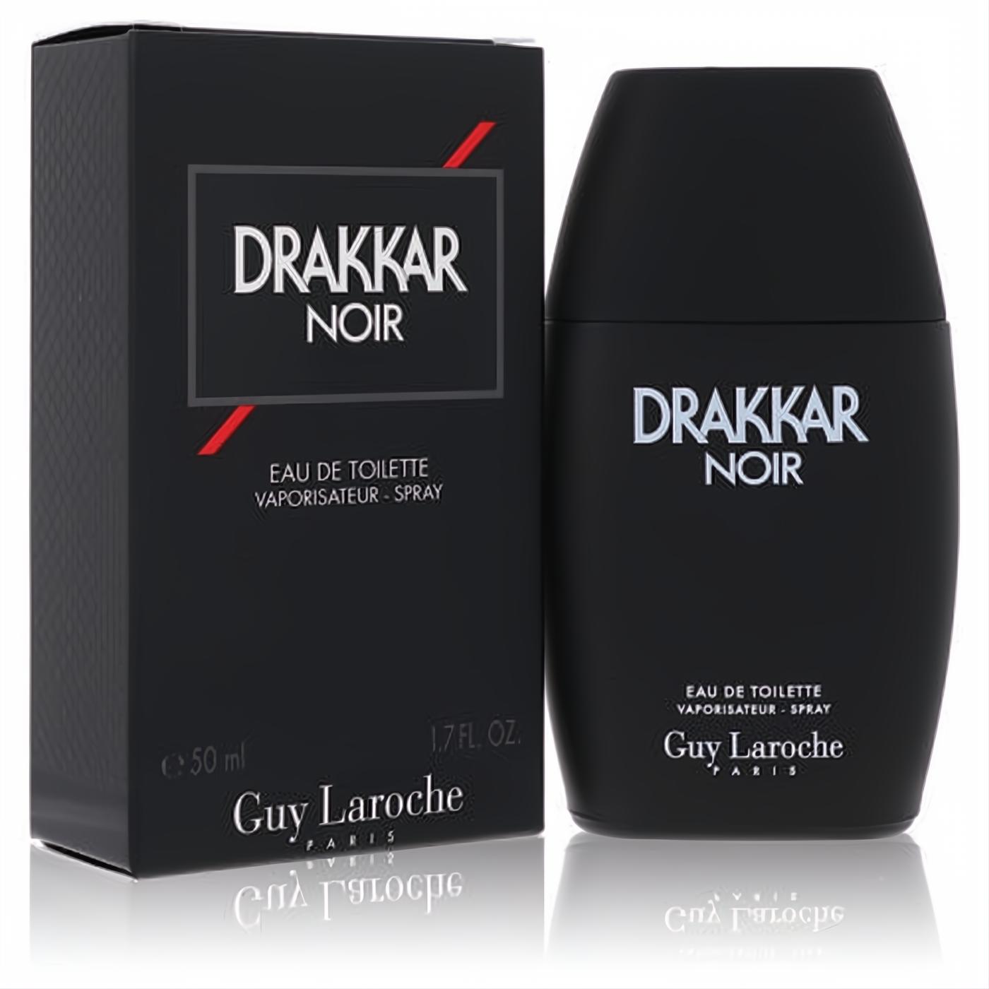Drakkar Noir 1.7 oz EDT spray. Bold matte black bottle and matching box with crisp white lettering for a classic scent.