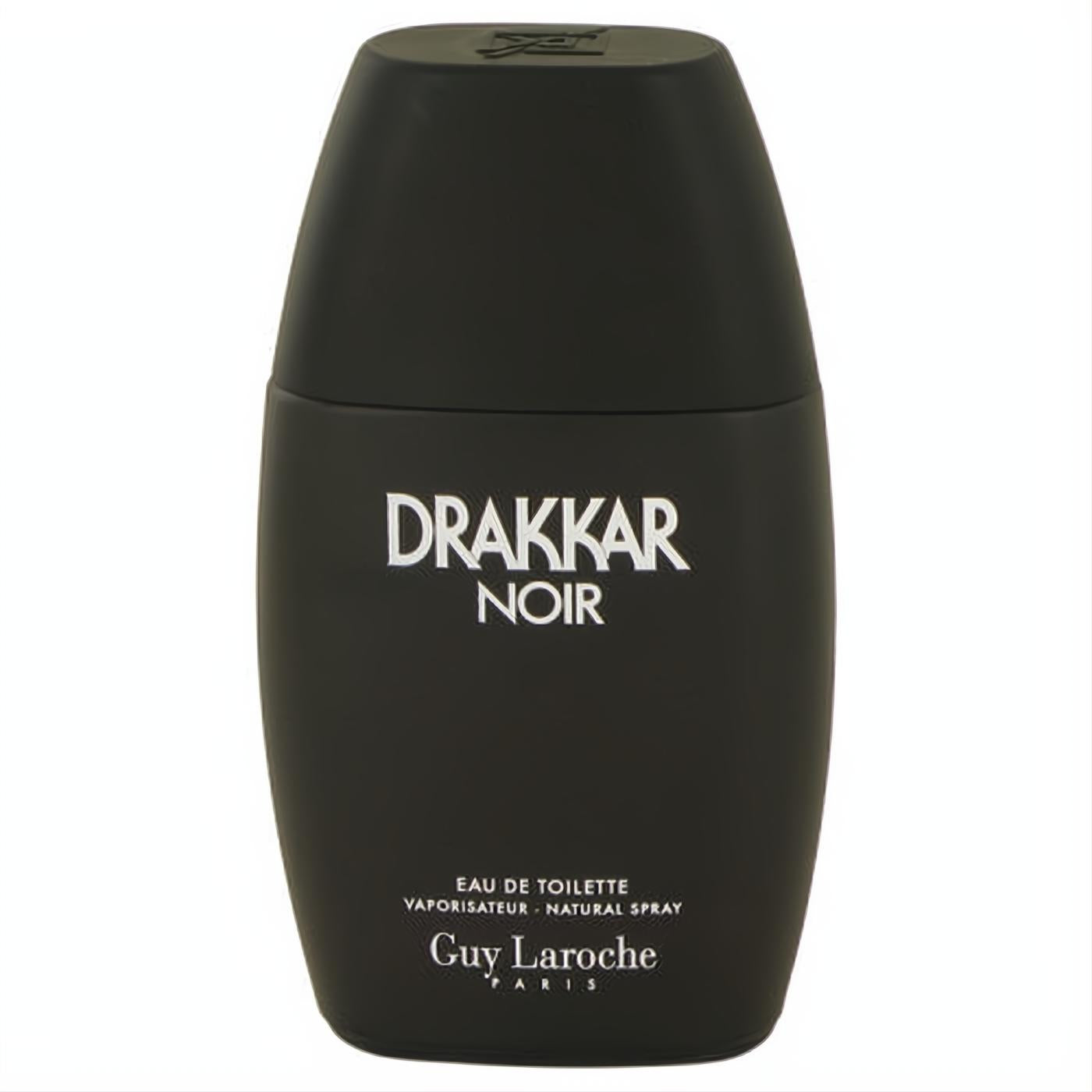 Drakkar Noir men's fragrance in a sleek, ergonomic matte black spray bottle with crisp white Guy Laroche branding.