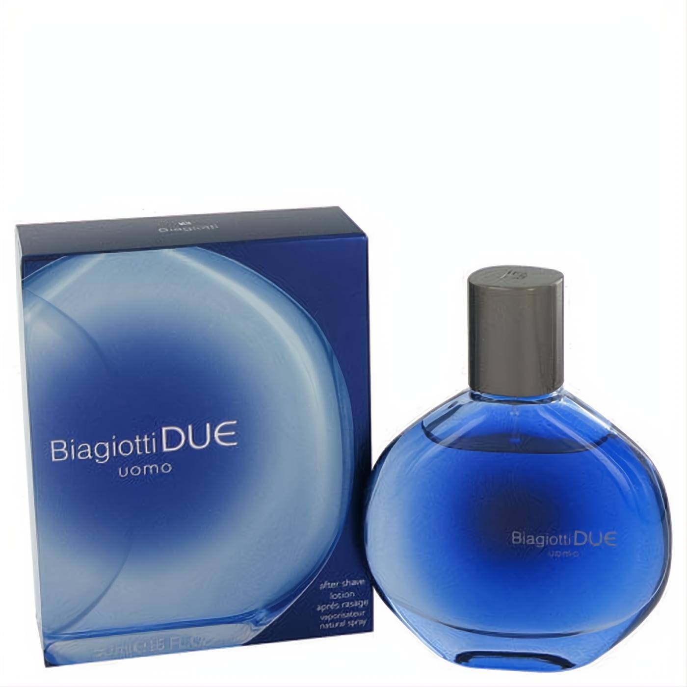 Experience Laura Biagiotti Due Uomo 1.6 oz after shave. A sophisticated deep blue glass bottle with silver cap and matching box.