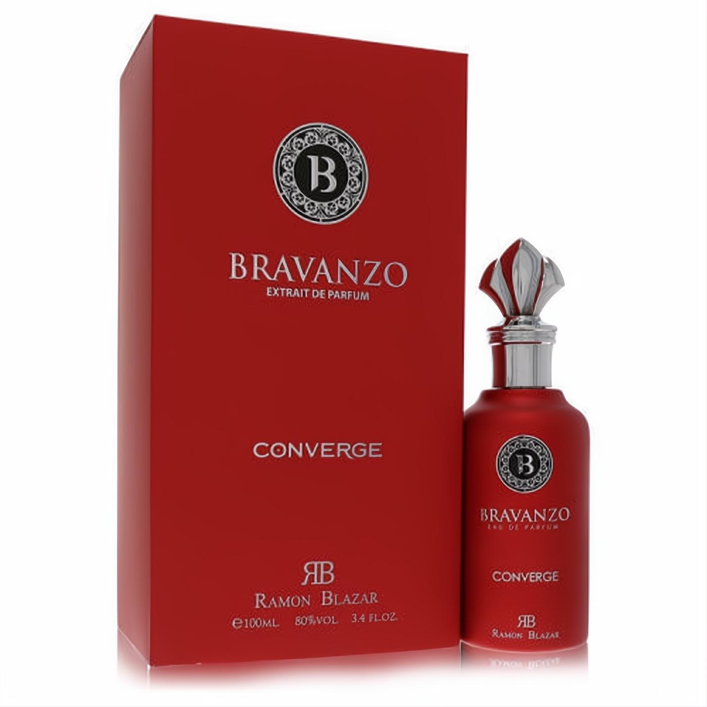 Luxurious Dumont Bravanzo Converge Extrait De Parfum, 3.4 oz. Striking red bottle with ornate silver cap and elegant matching box.