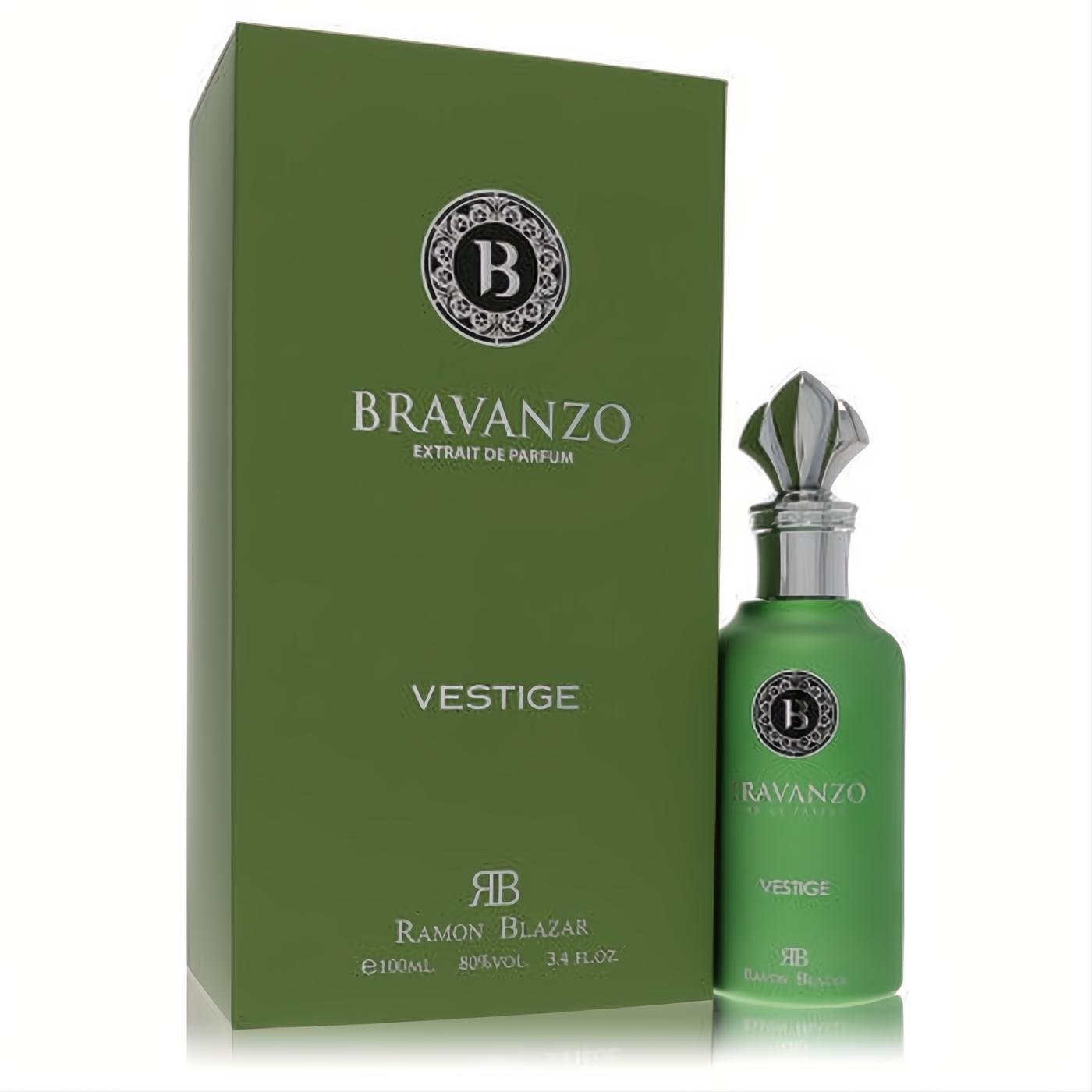 Dumont Bravanzo Vestige unisex extrait de parfum. Luxurious matte green 3.4 oz bottle with ornate silver cap and matching box.