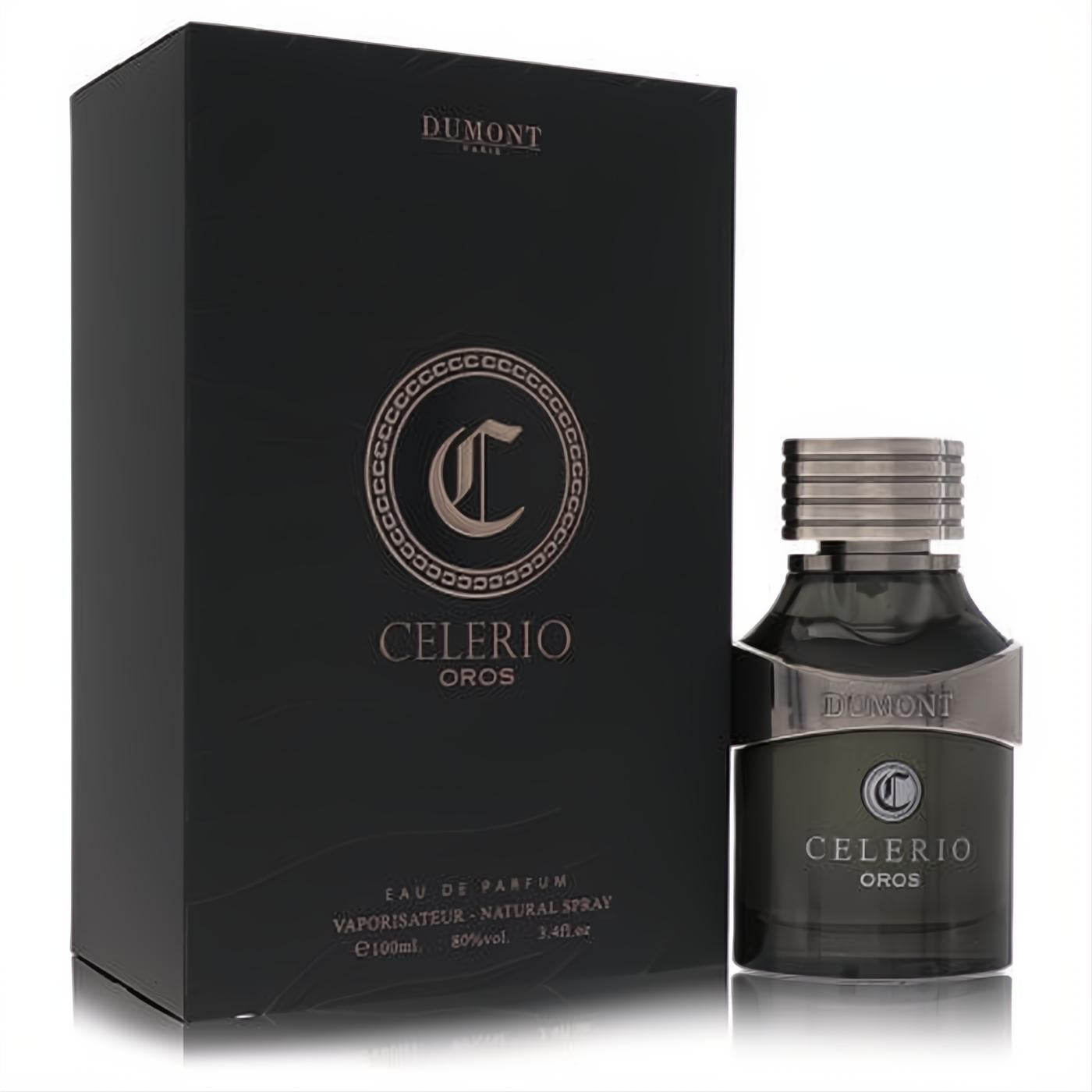 Dumont Celerio Oros unisex Eau De Parfum, 3.4 oz. Distinctive dark glass bottle with a silver cap and elegant matte black box.