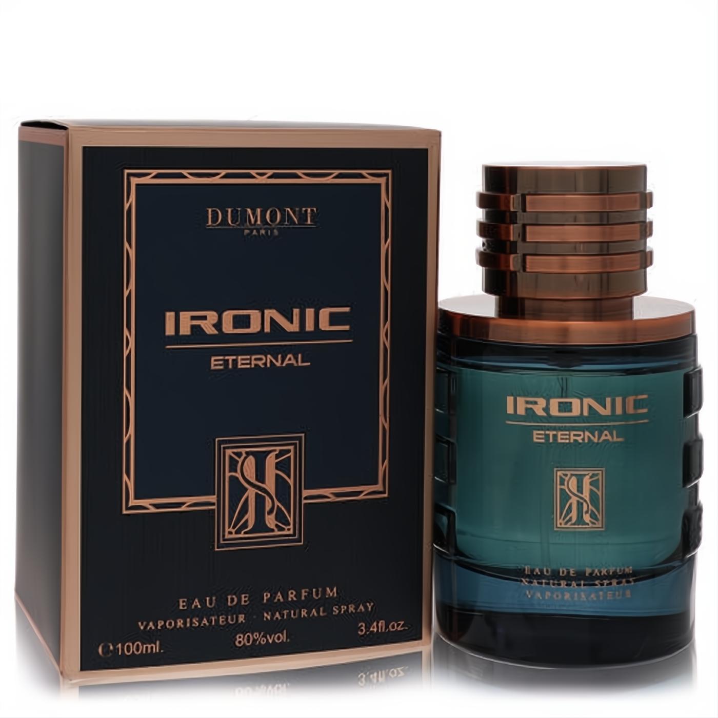 Dumont Ironic Eternal men's Eau De Parfum, 3.4 oz. Bold dark teal bottle, bronze cap, and luxurious gold details.