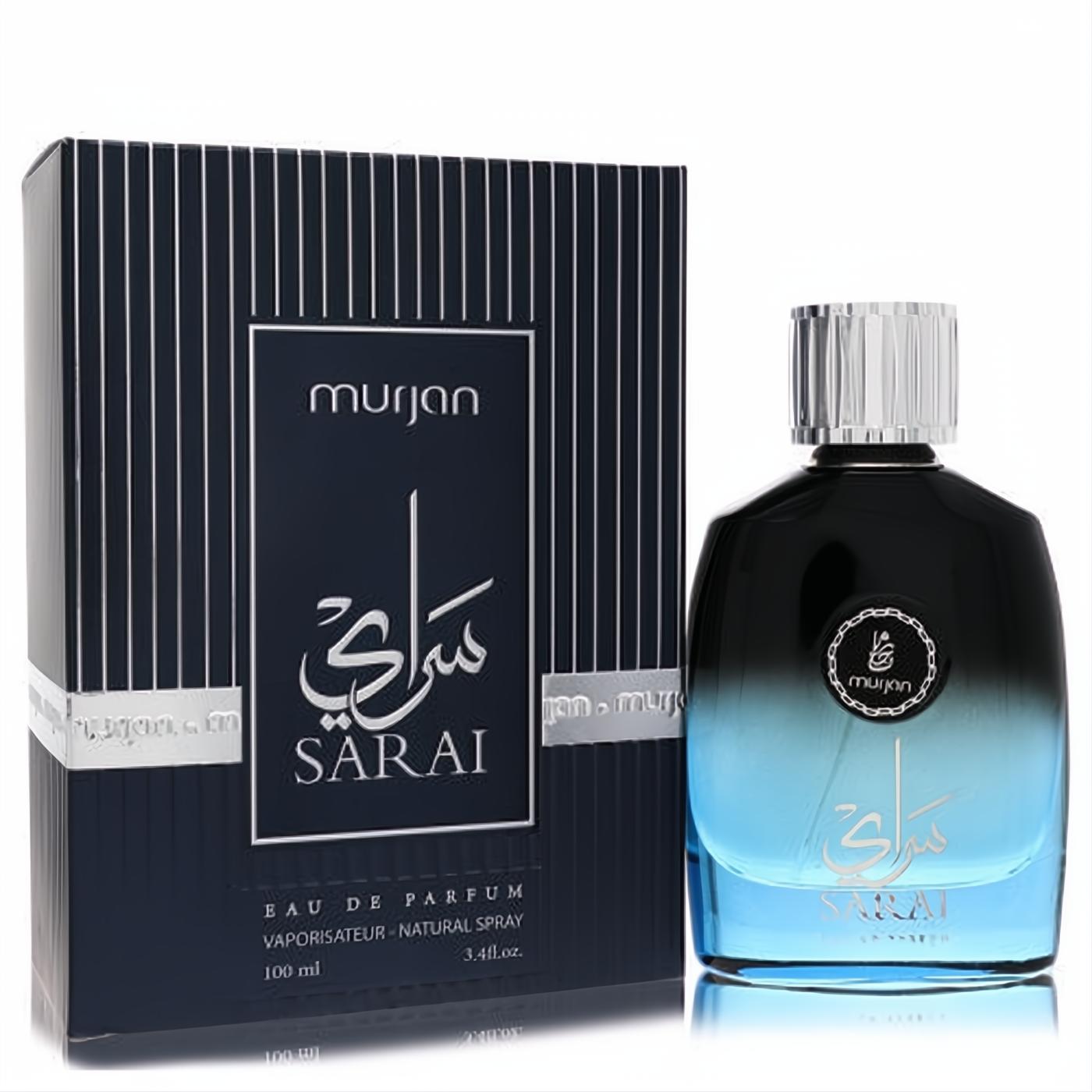 Dumont Murjan Sarai unisex Eau De Parfum, 3.4 oz. Features a stunning ombre blue glass bottle with a sleek silver cap and elegant striped box.