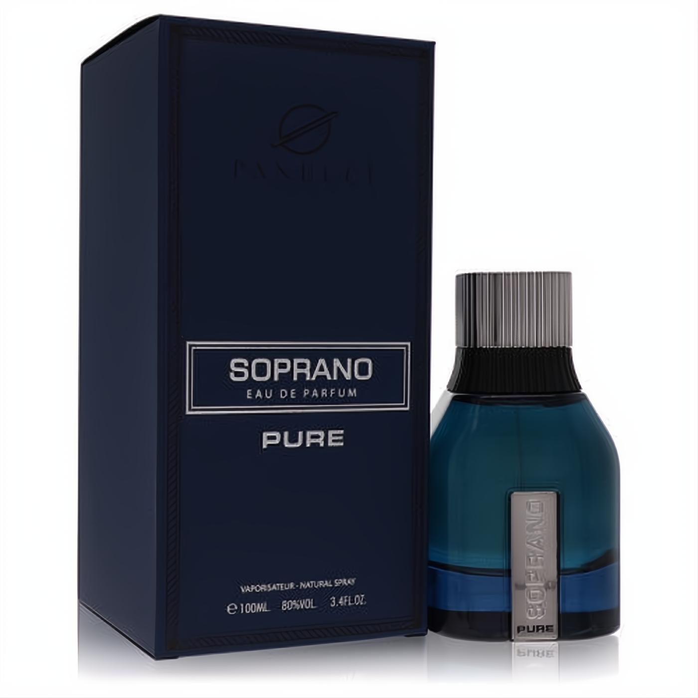 Dumont Soprano Pure 3.4 oz men's Eau De Parfum. Striking dark blue glass bottle with silver cap, presented with its sophisticated matching box.