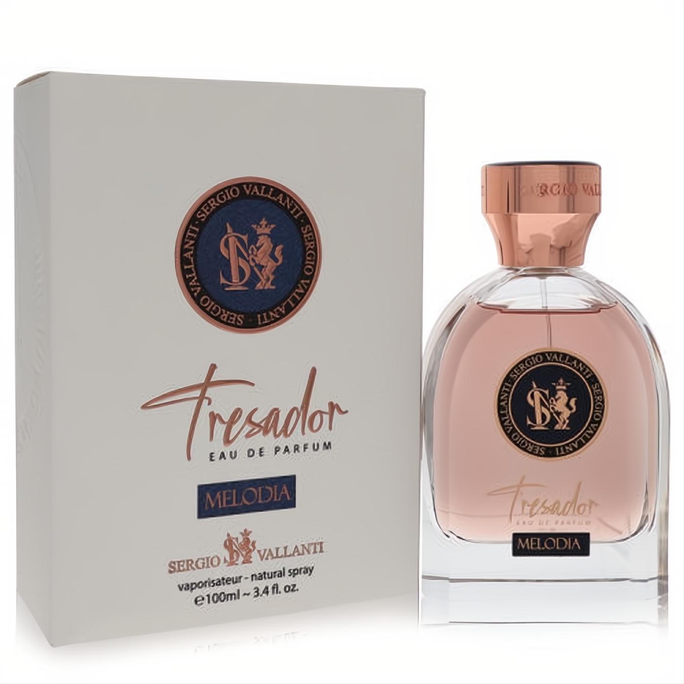 Experience Sergio Vallanti Tresador Melodia 3.4 oz Eau de Parfum. Elegant clear bottle with pink fragrance, rose gold cap, and white box.