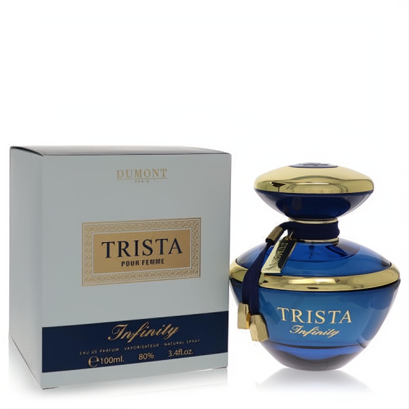 Dumont Trista Infinity 3.4 oz women's EDP. Luxurious deep blue bottle, gold accents, and elegant ribbon detail.
