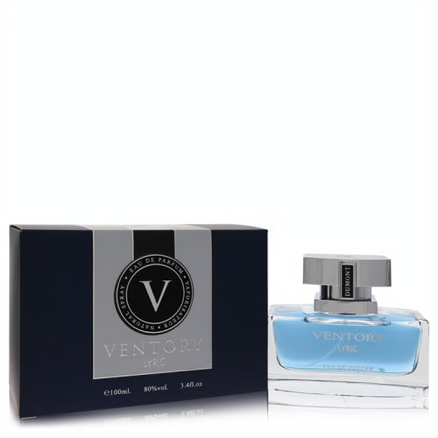 Dumont Ventory Lyric 3.4 oz women's Eau De Parfum. Sleek clear glass bottle with light blue fragrance, silver cap, and dark blue box.