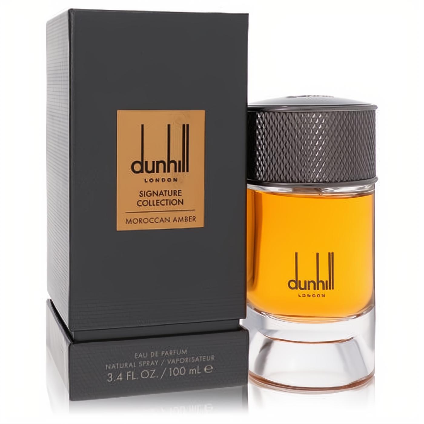 Luxurious Dunhill Moroccan Amber 3.4 oz EDP spray in a clear bottle with rich amber liquid and elegant black box.