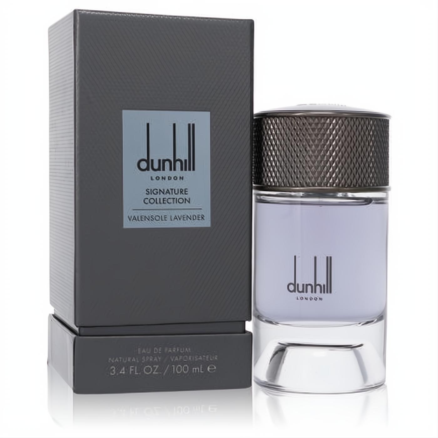 Dunhill Signature Valensole Lavender EDP for men. Elegant dark grey box, sleek glass bottle with light purple fragrance, 3.4 oz.
