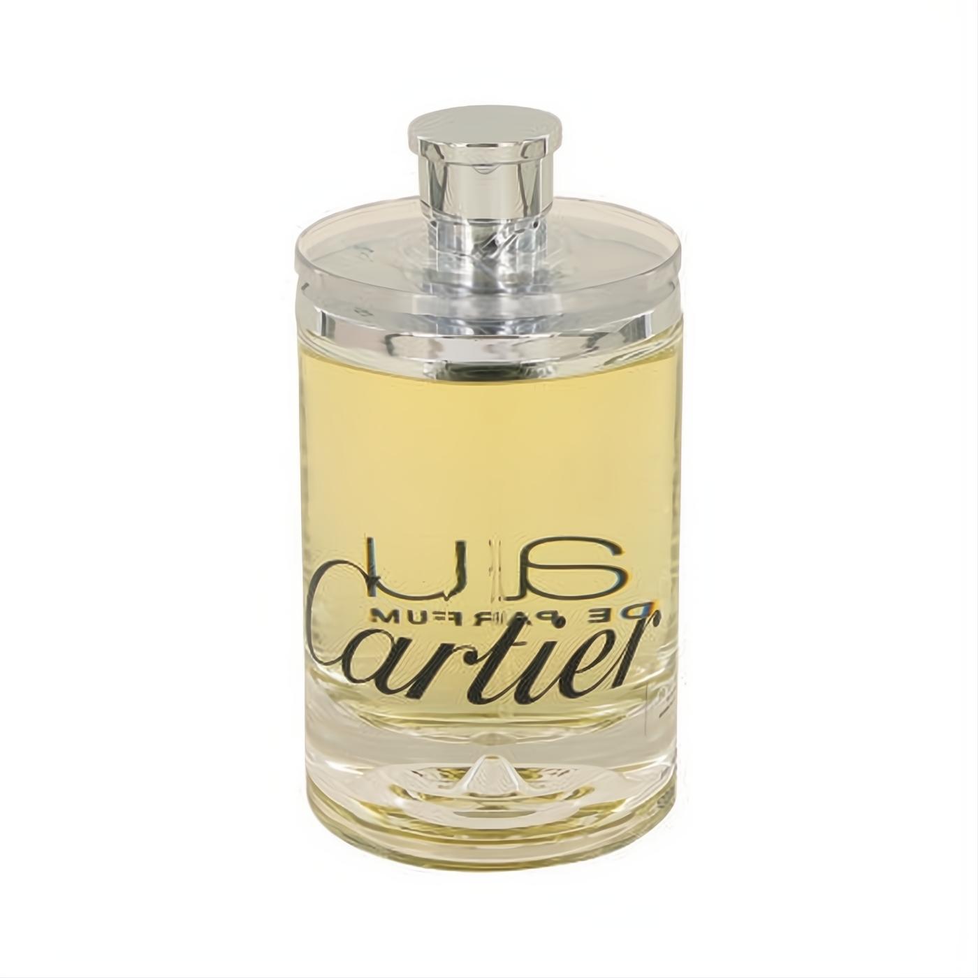 Elevate your scent with Eau De Cartier 3.3 oz unisex Eau De Parfum. Sleek clear bottle, silver cap, crisp yellow liquid.