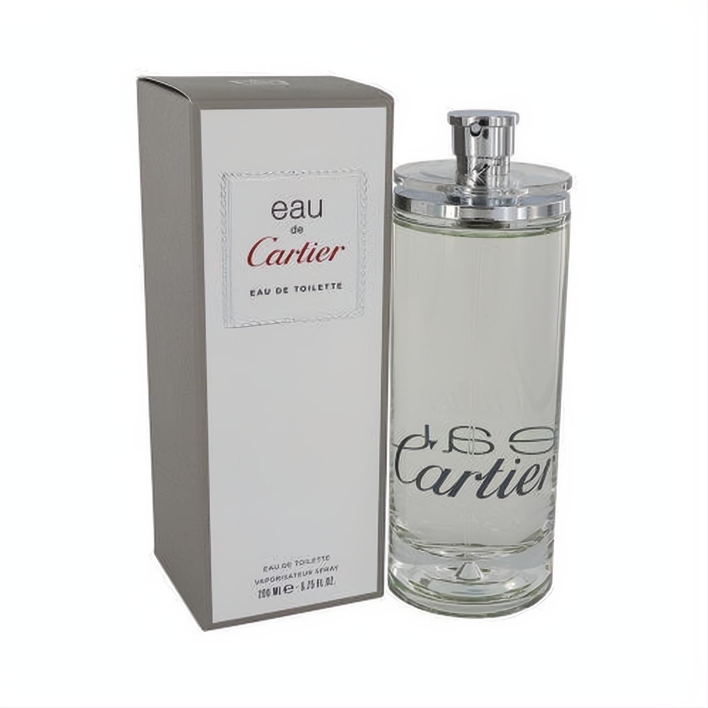 Experience Eau de Cartier 6.7 oz unisex EDT. Tall, clear glass bottle with sleek silver cap, next to its minimalist grey box.