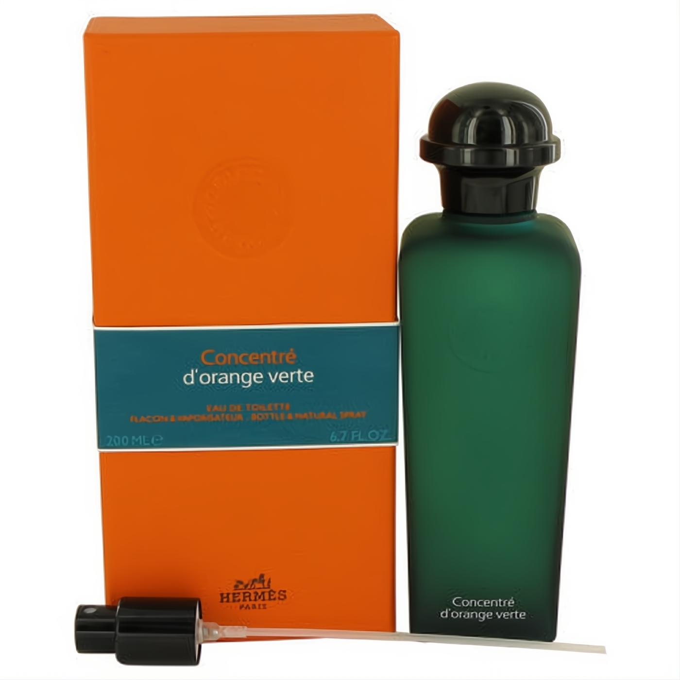 Hermes Eau D'Orange Verte Concentré 6.7 oz unisex EDT. Vibrant orange box and elegant matte dark green spray bottle.