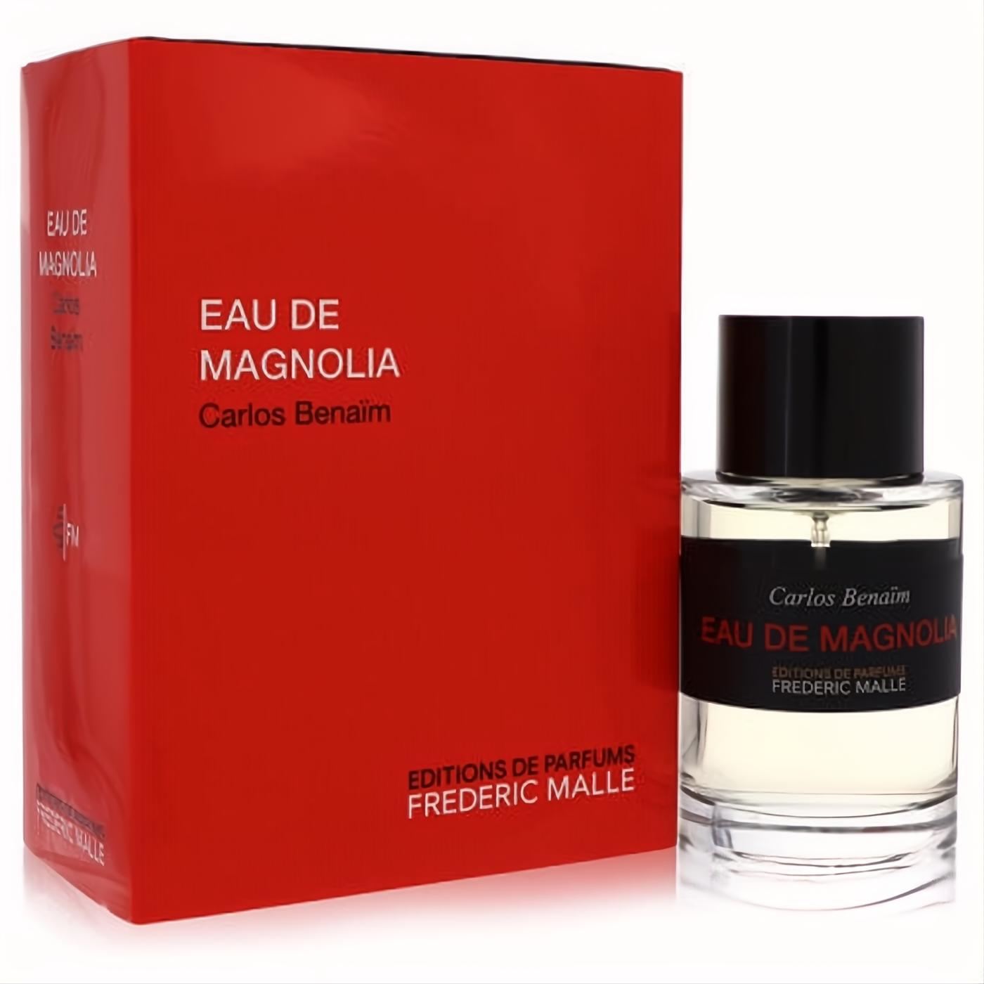 Luxury Frederic Malle Eau De Magnolia 3.4 oz EDT spray in a sleek clear glass bottle with black cap and vibrant red box.