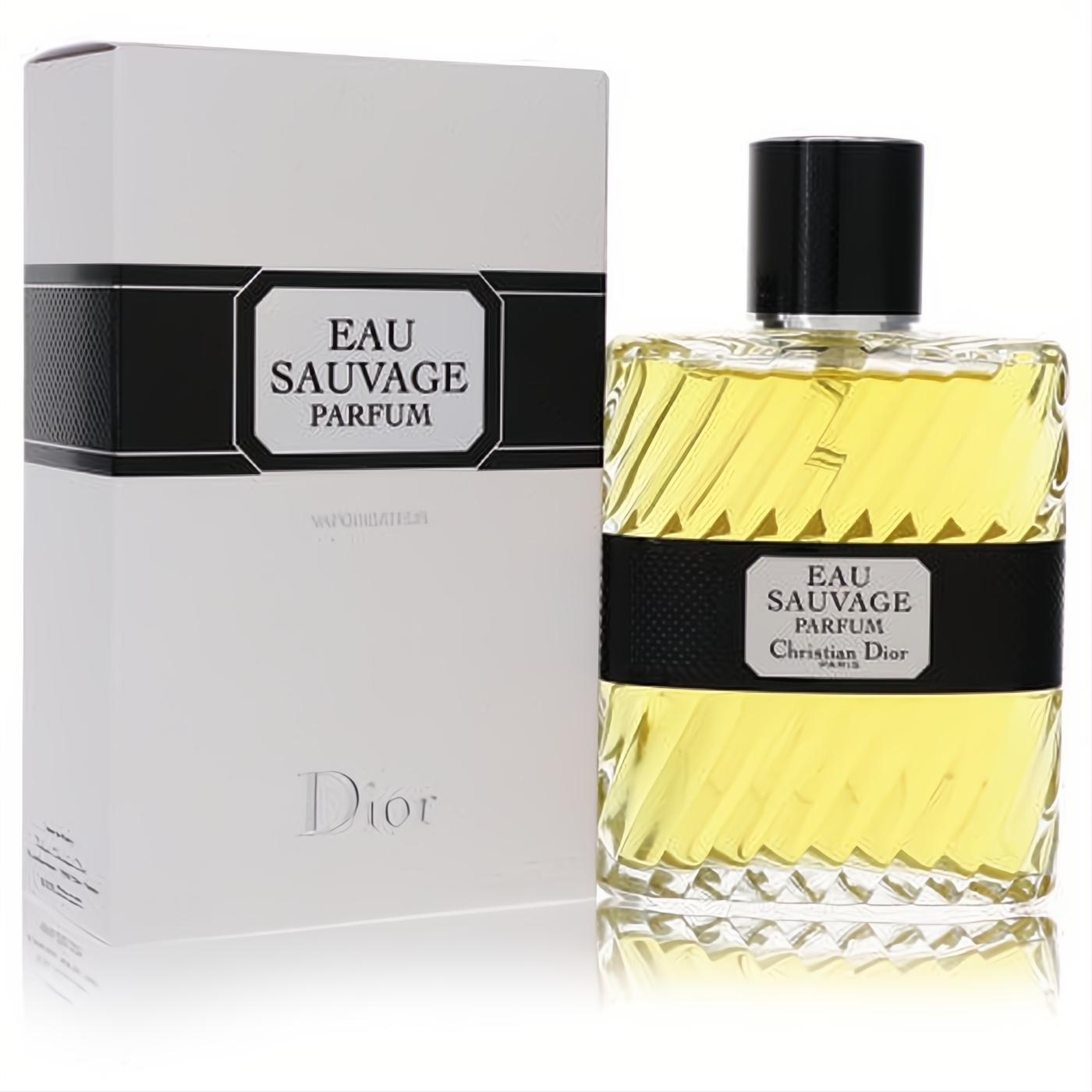 Christian Dior Eau Sauvage Parfum 3.4 oz for men. Sophisticated ribbed glass bottle with amber fragrance and elegant white box.
