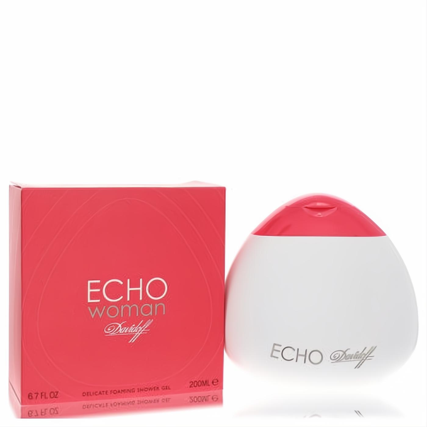 Indulge in Echo by Davidoff Woman shower gel. Vibrant red 6.7 oz box and sleek white bottle with a pink cap.
