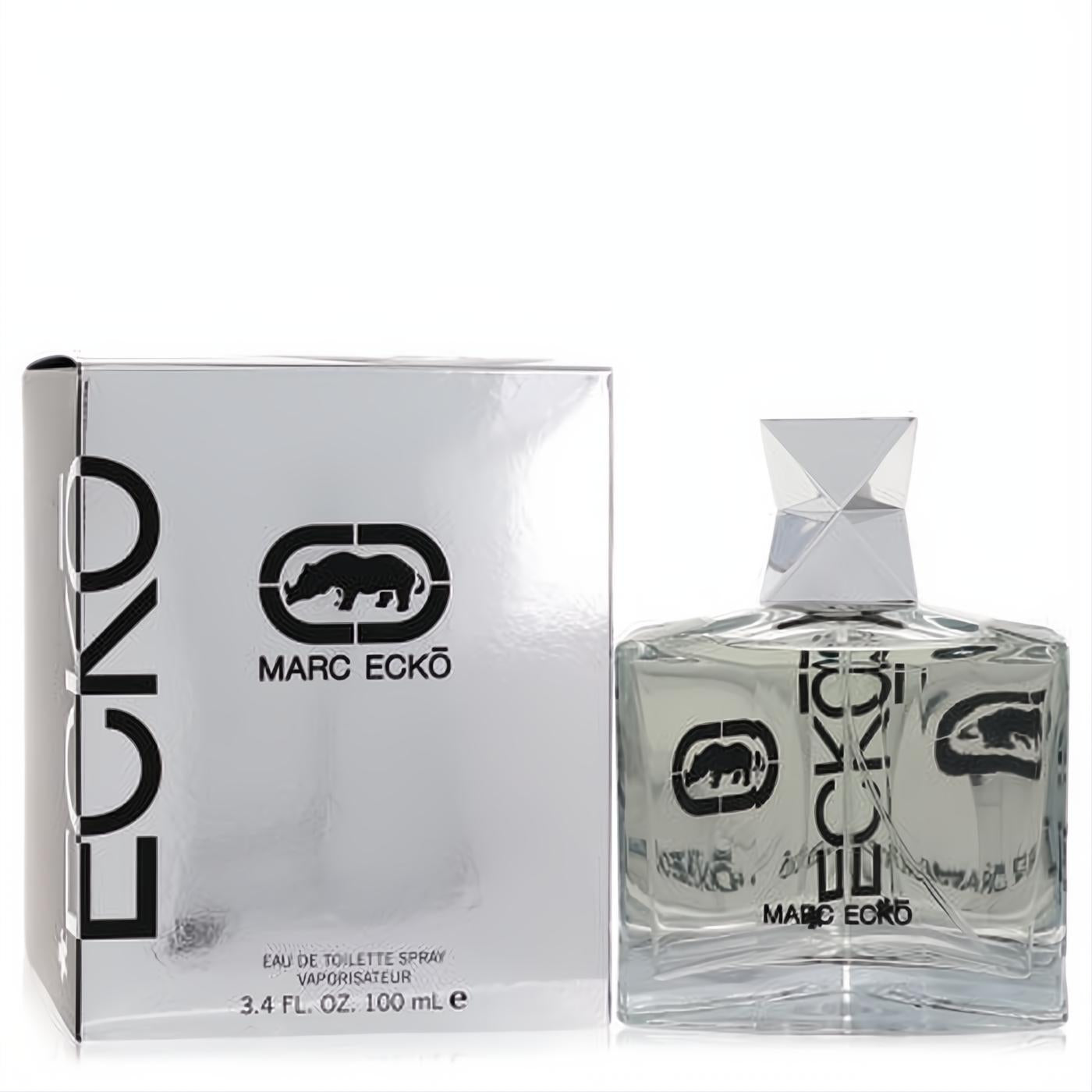 Ecko by Marc Ecko 3.4 oz men's EDT. Clear glass bottle, silver faceted cap, and matching silver box with bold black rhino logo.
