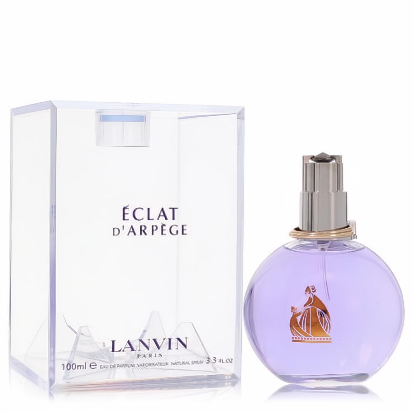 Experience Lanvin Eclat D'Arpege 3.3 oz EDP. Features an elegant round lavender glass bottle with silver cap and iconic gold logo.