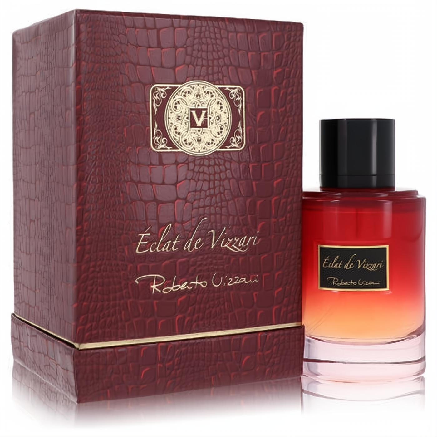 Roberto Vizzari Eclat De Vizzari 3.7 oz perfume: striking red-orange bottle and a sophisticated red croc-patterned box with gold accents.