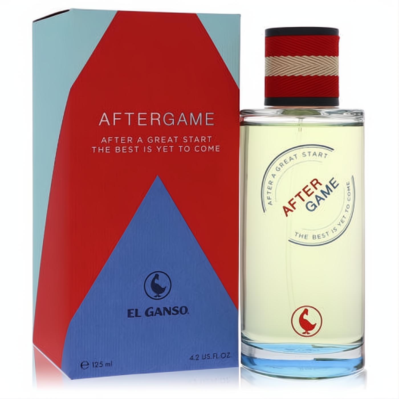 El Ganso After Game 4.2 oz men's EDT. Clear bottle, vibrant red and blue geometric box, stylish striped cap.