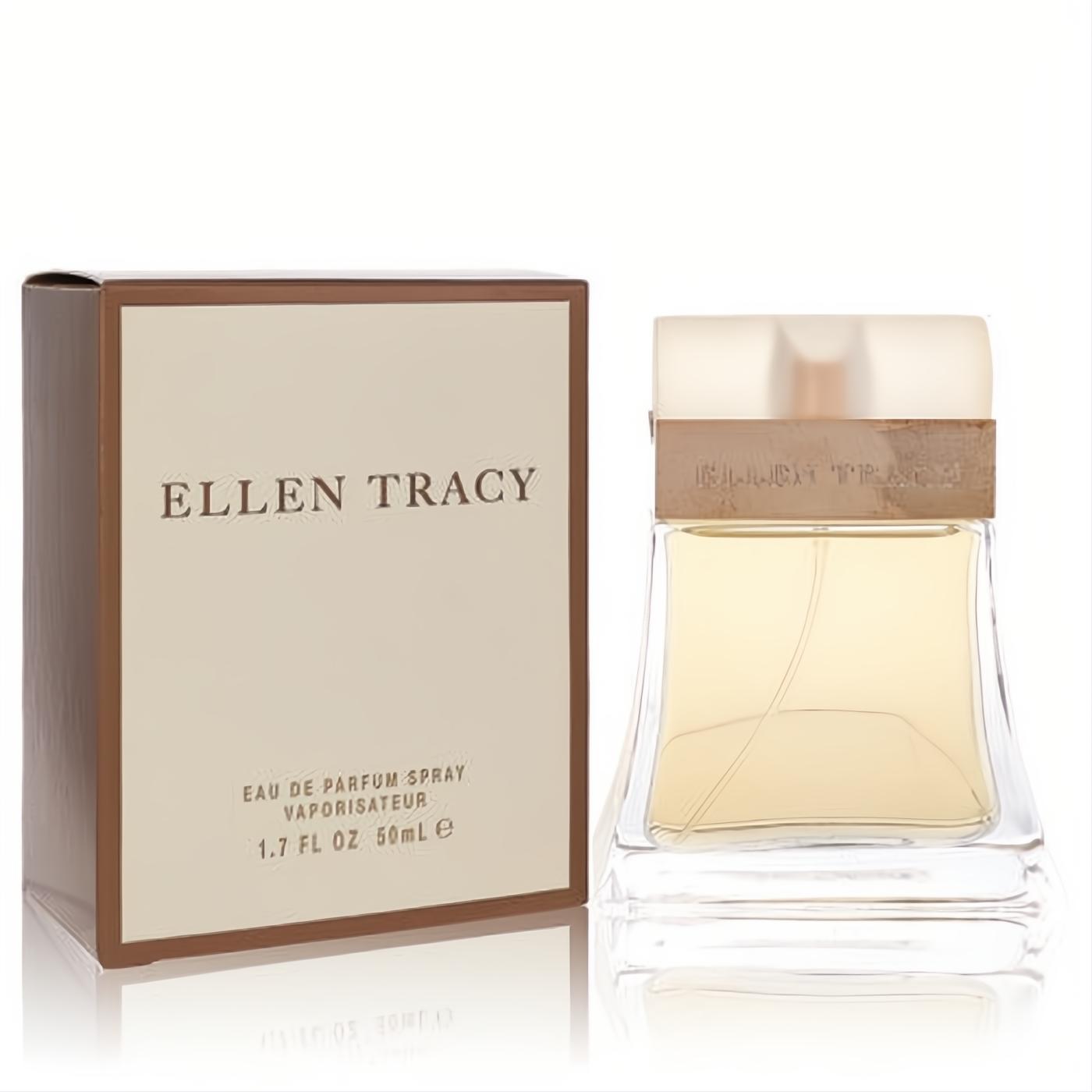 Captivating Ellen Tracy 1.7 oz Eau De Parfum spray. Clear glass bottle with golden liquid, frosted cap, and elegant beige & brown box.