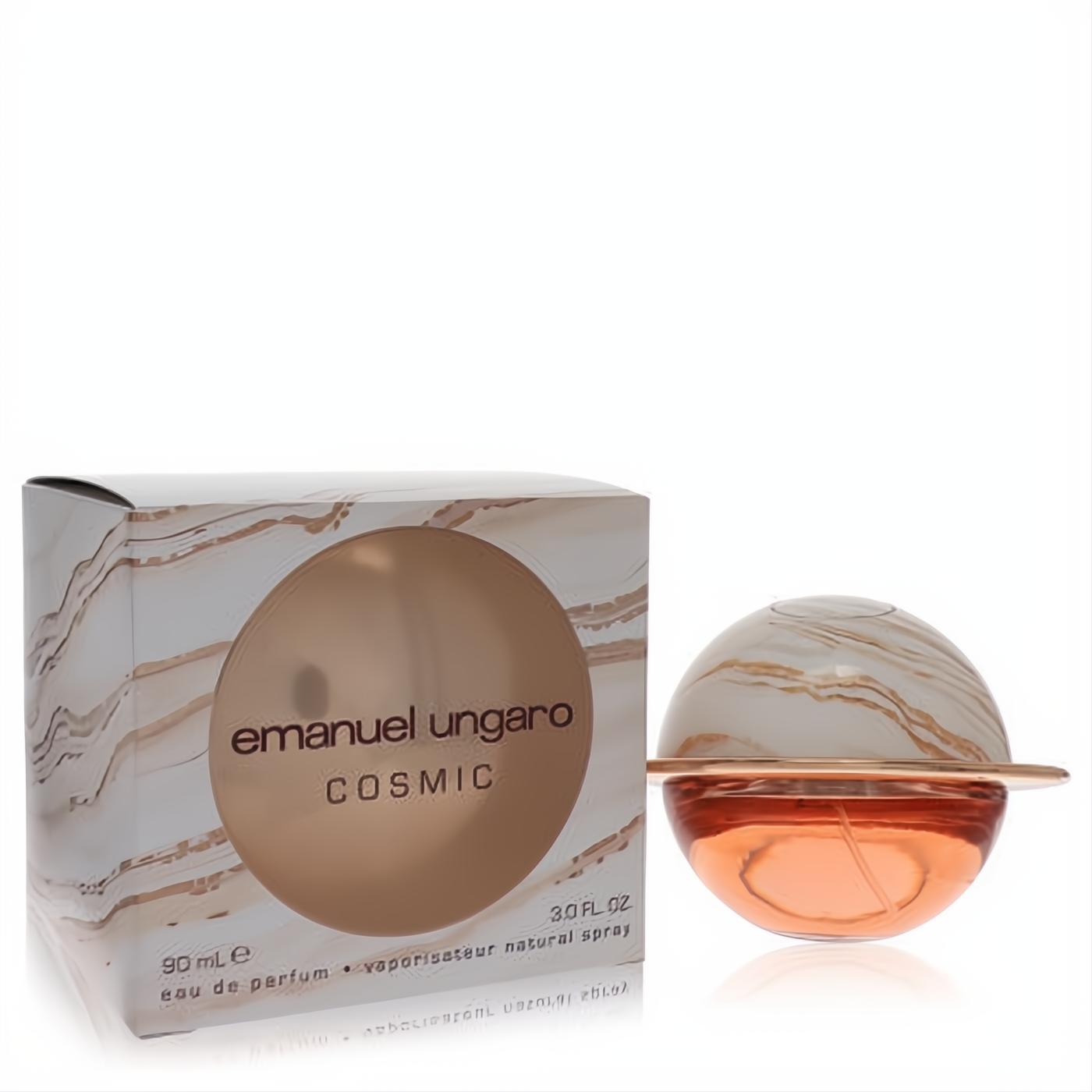 Emanuel Ungaro Cosmic 3 oz EDP. Stunning white & gold marble bottle with peach liquid, elegant gold ring, and matching box.
