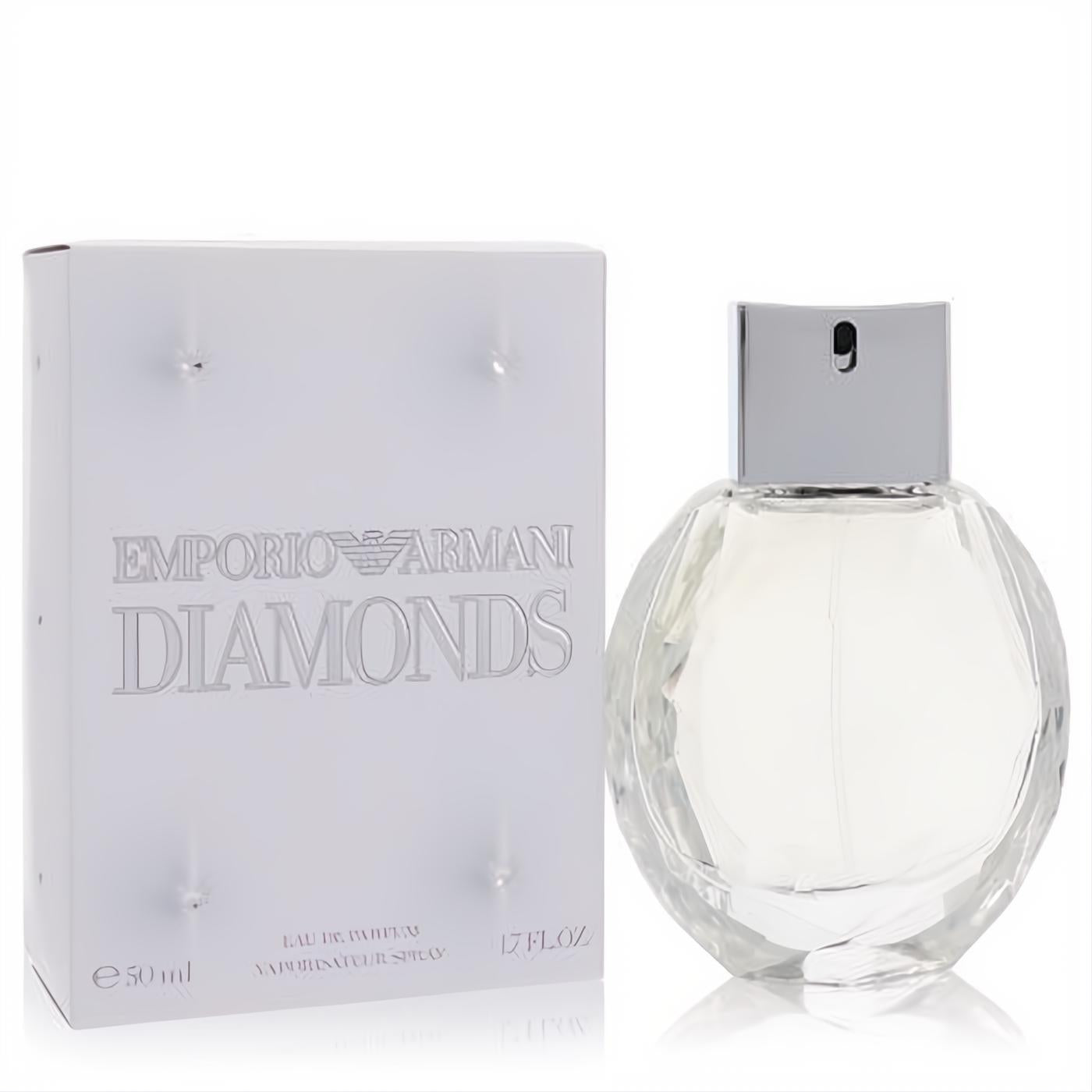 Luxurious Emporio Armani Diamonds 1.7 oz women's EDP, a clear faceted bottle with silver cap and elegant white embossed box.