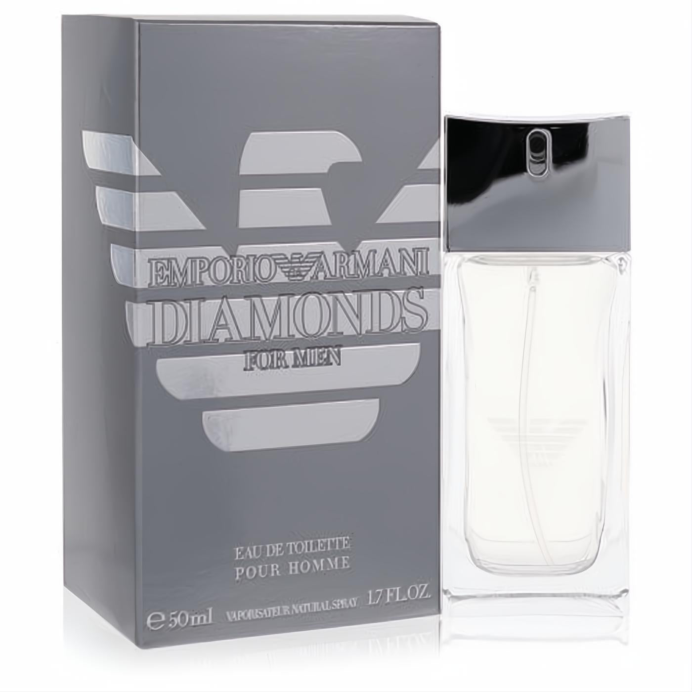 Emporio Armani Diamonds for Men 1.7 oz EDT. Elegant clear glass bottle with chrome cap, beside its iconic gray box with silver Armani logo.