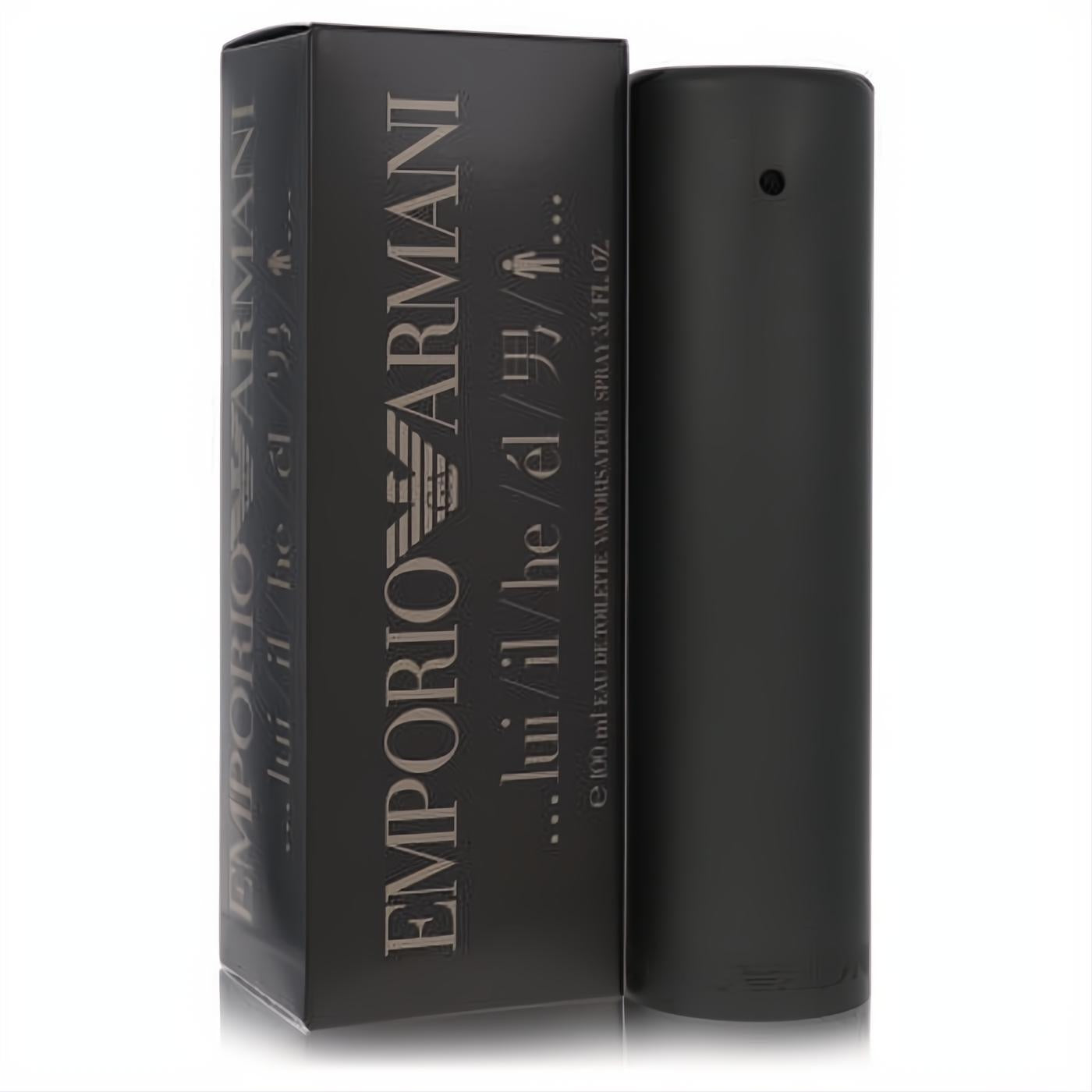 Emporio Armani "lui/il/he" 3.4 oz EDT spray. Sleek matte black bottle and box, a sophisticated men's fragrance.