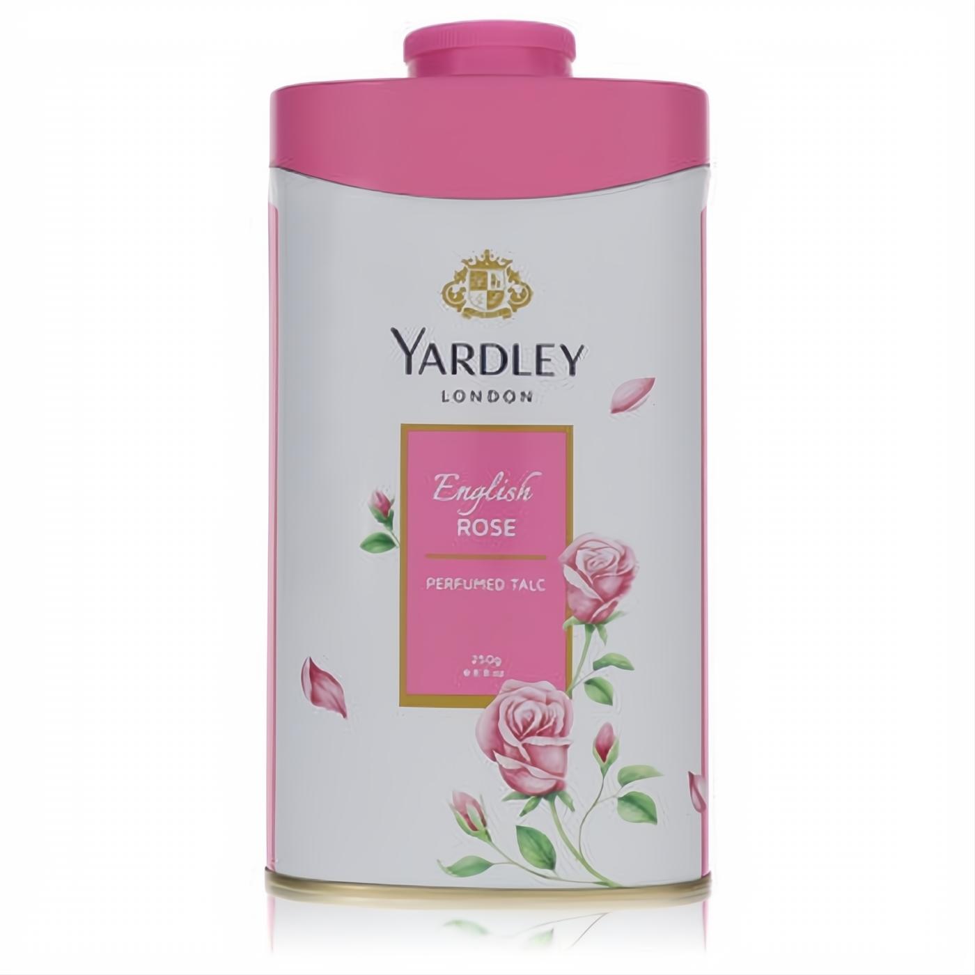 Yardley London English Rose Perfumed Talc 8.8 oz. Elegant white tin with pink lid and exquisite rose floral design.