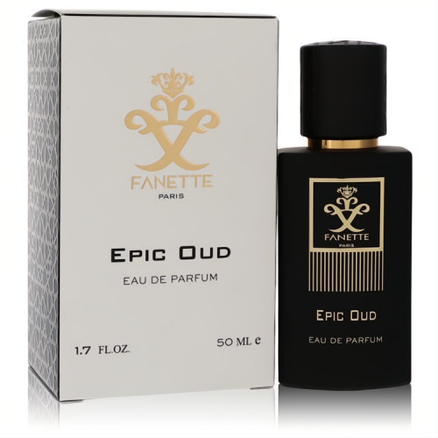 Fanette Epic Oud 1.7 oz unisex Eau De Parfum. Sophisticated matte black bottle with gold accents, elegant white box with logo.