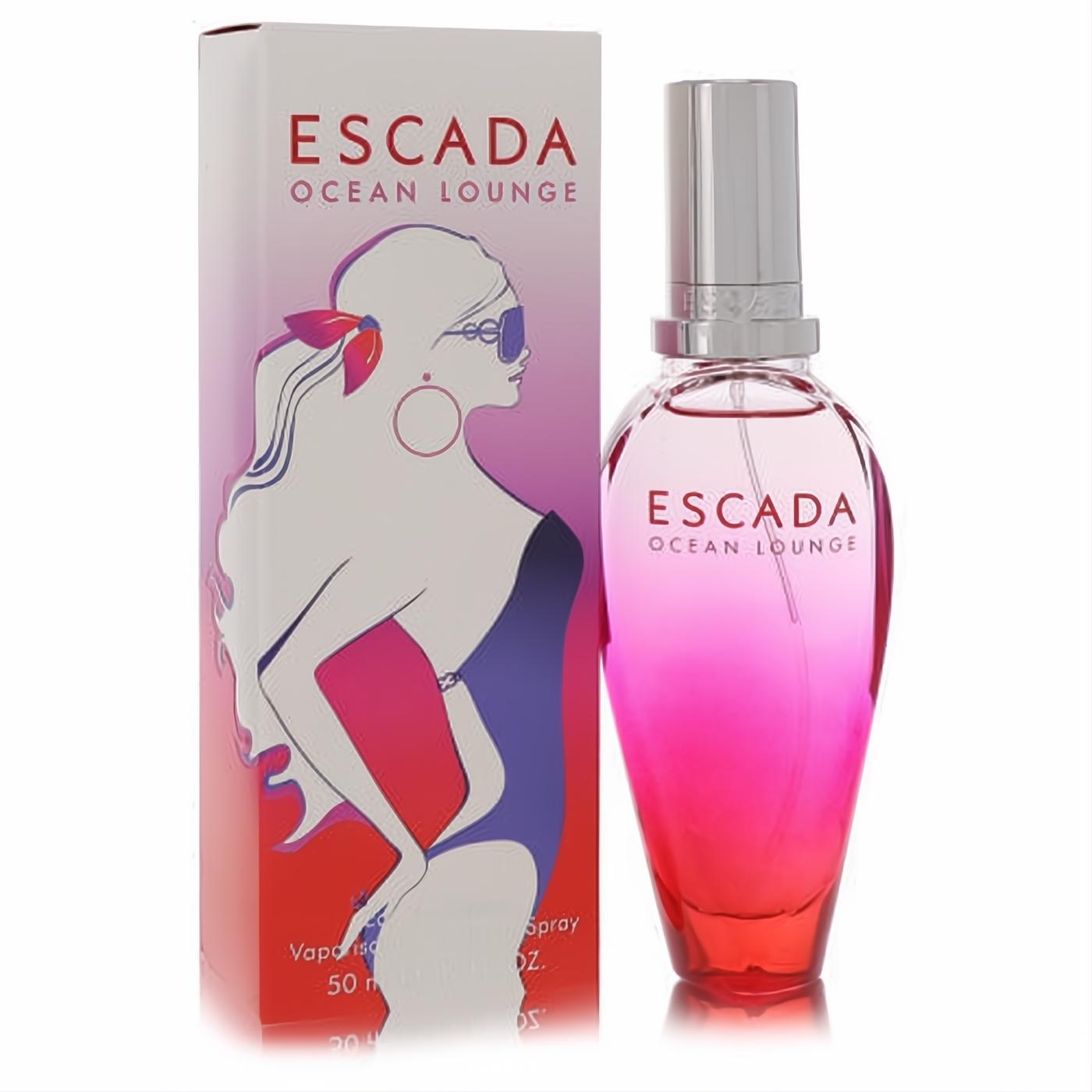 Escada Ocean Lounge 1.6 oz EDT spray. Features a beautiful pink gradient bottle with silver cap and a chic illustrated box.