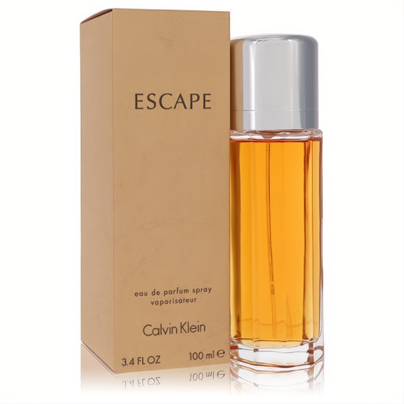 Elegant Calvin Klein Escape 3.4 oz EDP bottle with radiant amber fragrance and sleek silver cap, beside its chic tan box.