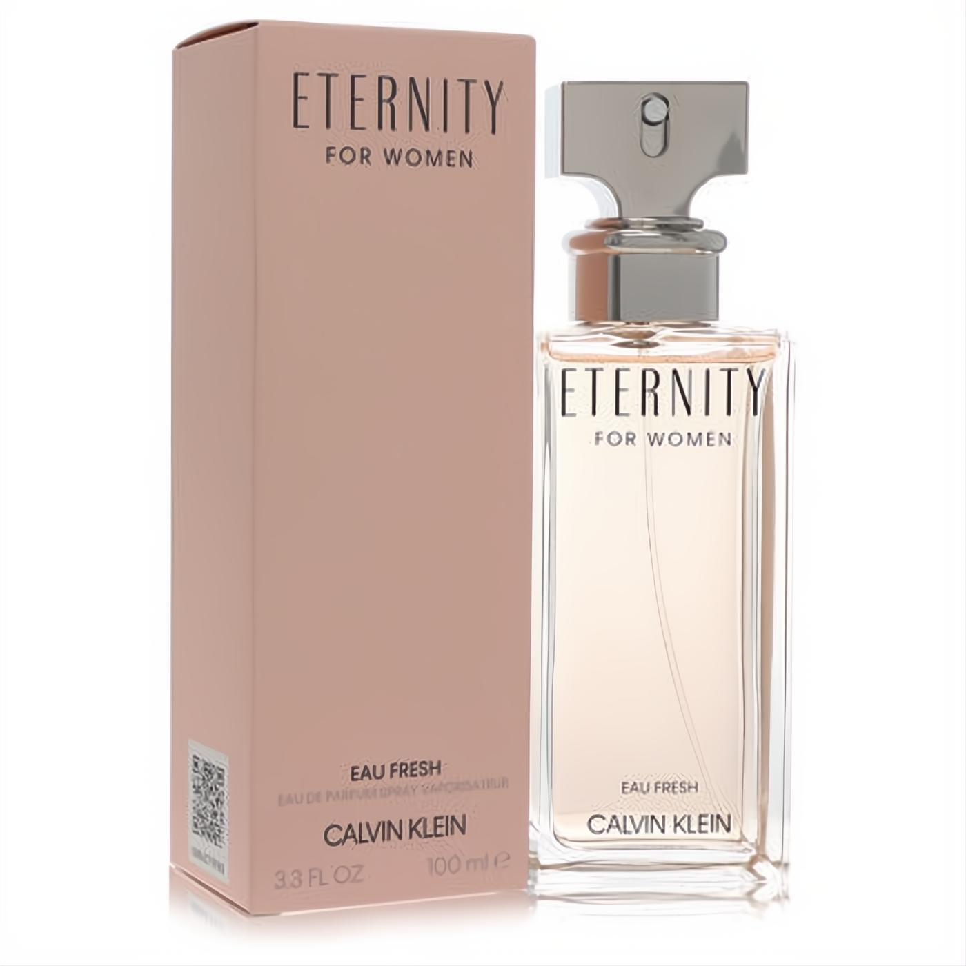 Calvin Klein Eternity Eau Fresh for Women Eau de Parfum, 3.3 oz. Elegant clear bottle, metallic cap, soft peach box.