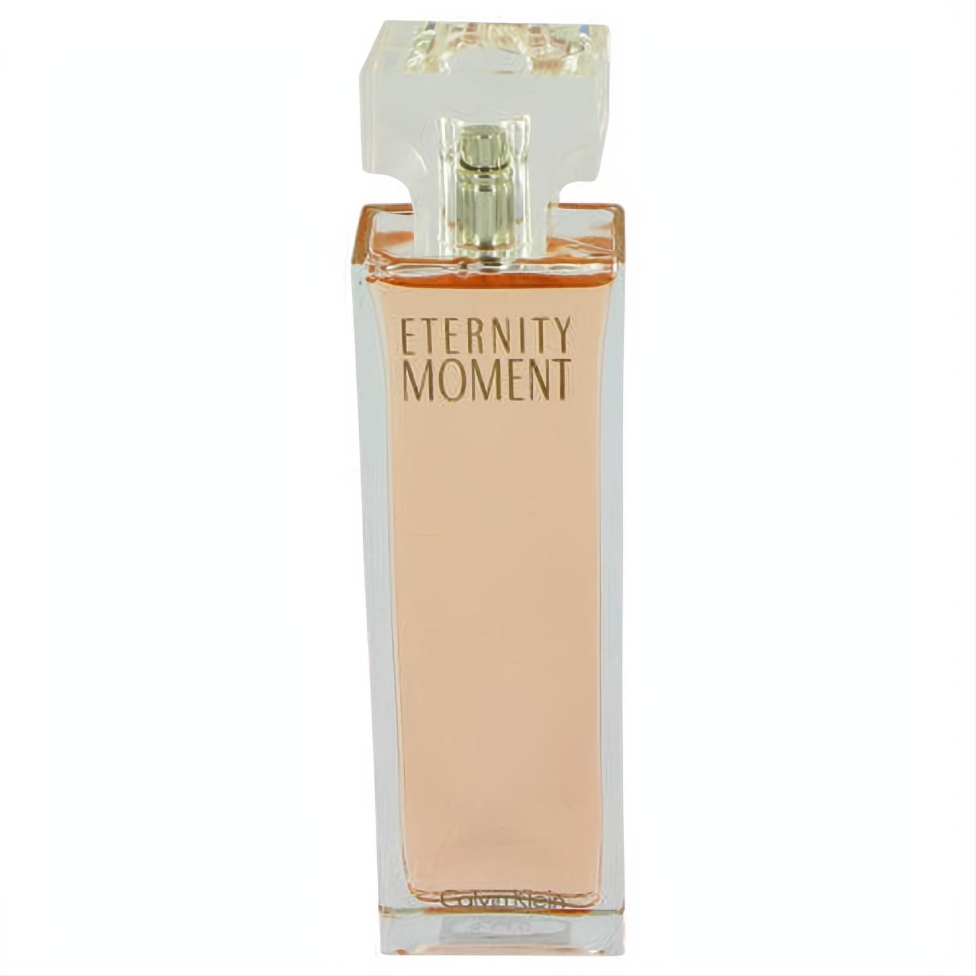 Captivating Eternity Moment by Calvin Klein 3.4 oz EDP tester. Elegant clear glass bottle with a delicate peach fragrance.