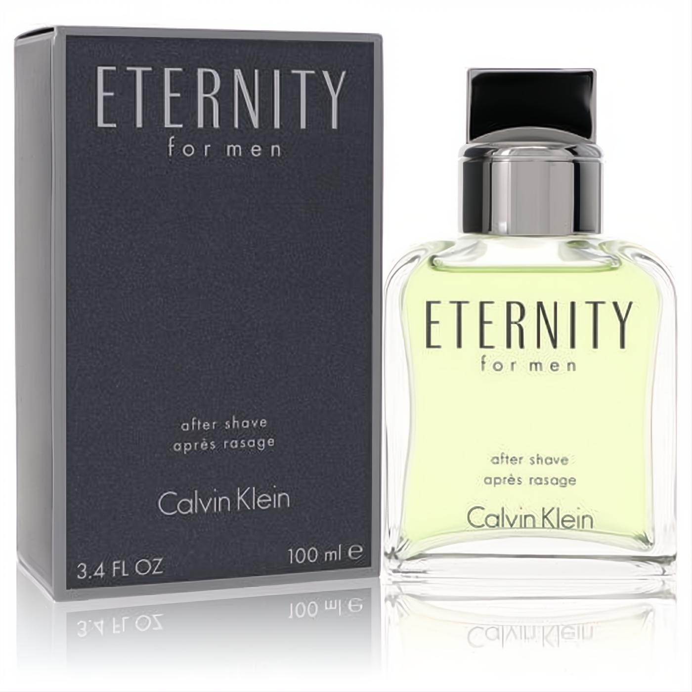 Calvin Klein Eternity for Men After Shave 3.4 oz. Sleek glass bottle with refreshing light green liquid and elegant dark gray packaging.
