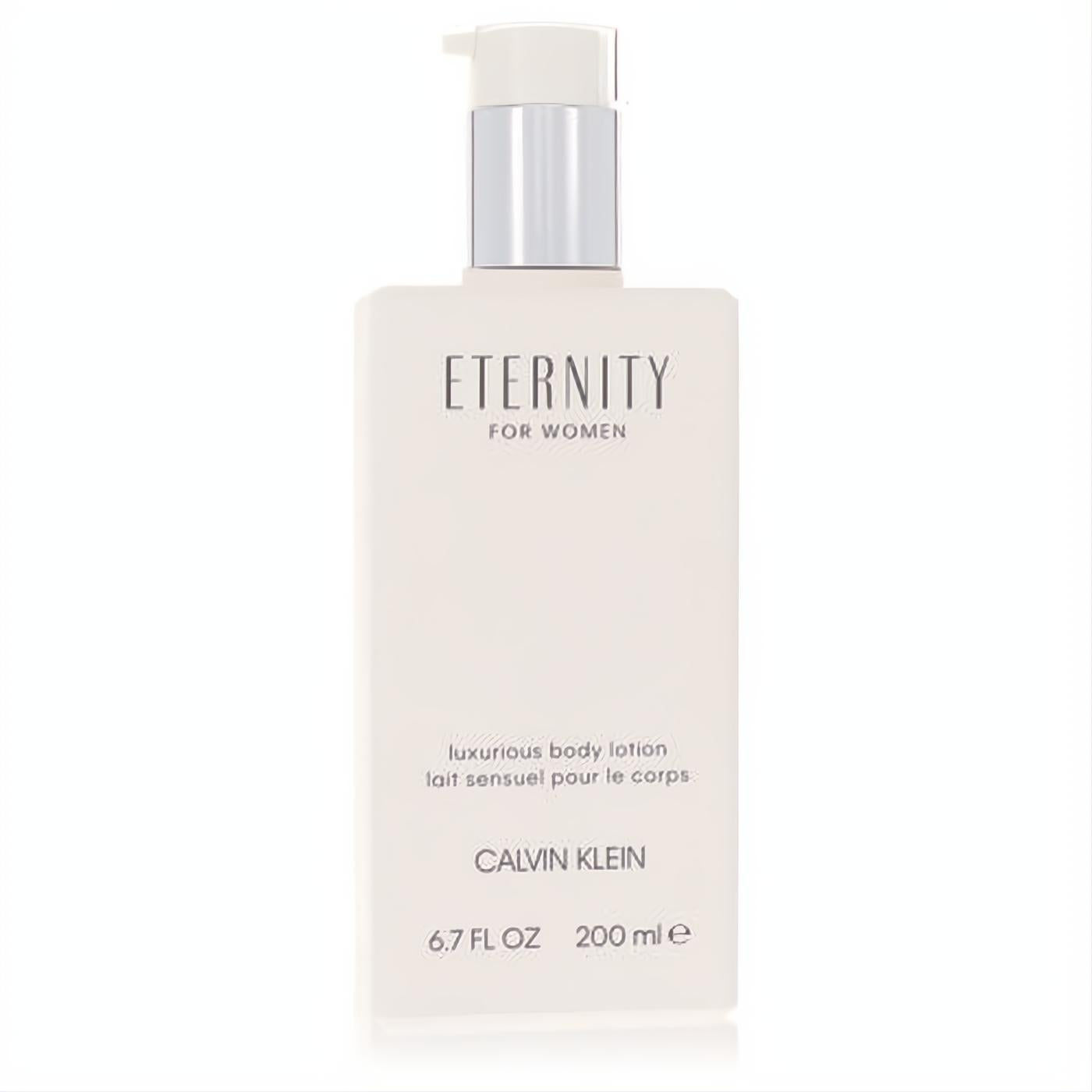 Indulge with Eternity by Calvin Klein 6.7 oz luxurious body lotion. Sleek white pump bottle for women.