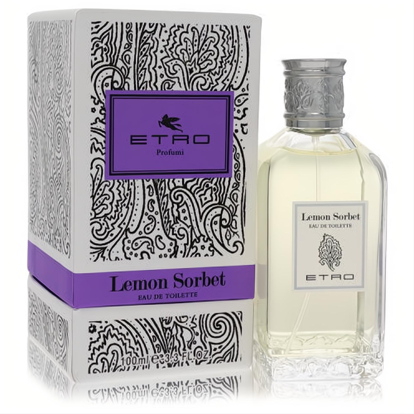 Etro Lemon Sorbet 3.4 oz unisex EDT in a clear bottle with light yellow liquid & silver cap, beside its white & purple paisley box.