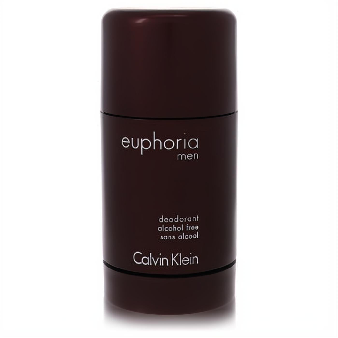 Sleek dark brown Calvin Klein Euphoria Men 2.5 oz deodorant stick, alcohol-free for premium, lasting freshness.