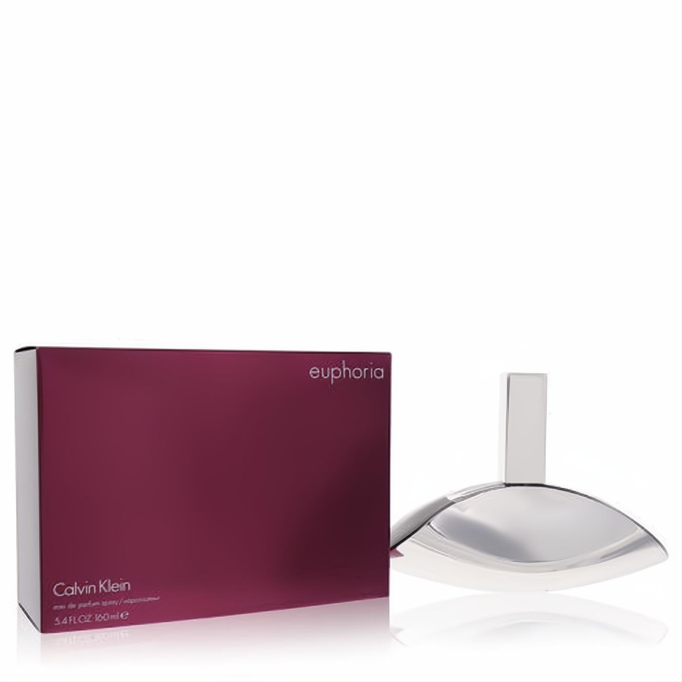 Iconic Calvin Klein Euphoria 5.4 oz EDP with a sleek, curved silver bottle and luxurious purple packaging.