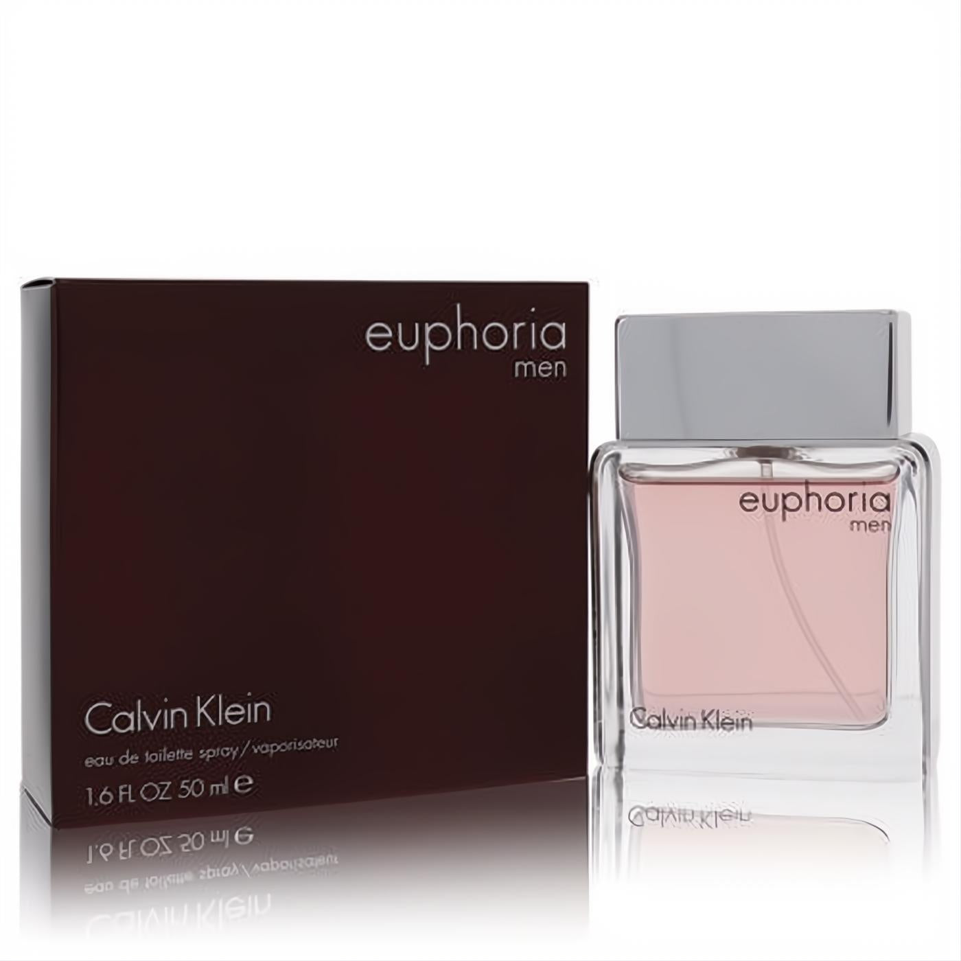 Euphoria Men Calvin Klein 1.6 oz EDT. Sophisticated clear glass bottle with light pink fragrance, sleek silver cap, and elegant dark brown box.