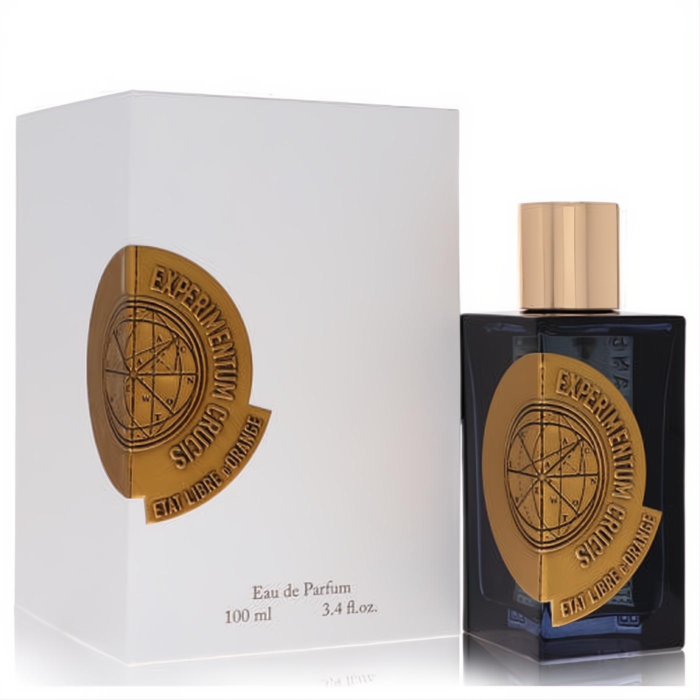 Experimentum Crucis 3.4 oz unisex Eau De Parfum. Elegant dark blue bottle, gold cap, and unique embossed label with white box.