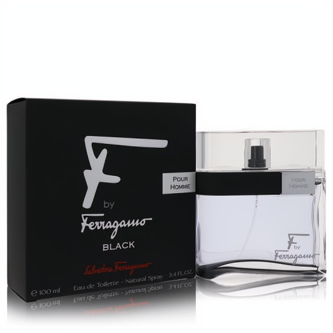 Modern F Black by Salvatore Ferragamo 3.4 oz EDT. Sleek clear glass bottle with black top and matching elegant black box.